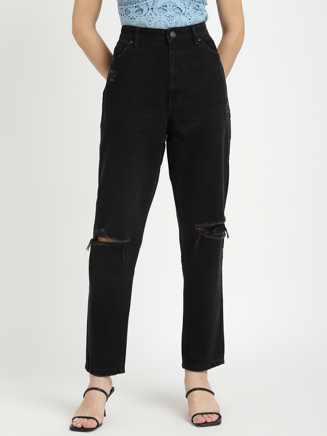 

ALCOTT Cotton High-Rise Slash Knee Jeans, Black