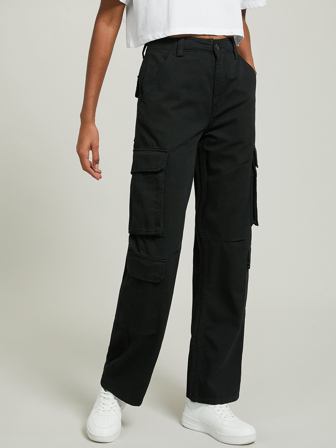 

ALCOTT Women Straight Fit Cotton High-Rise Cargos, Black