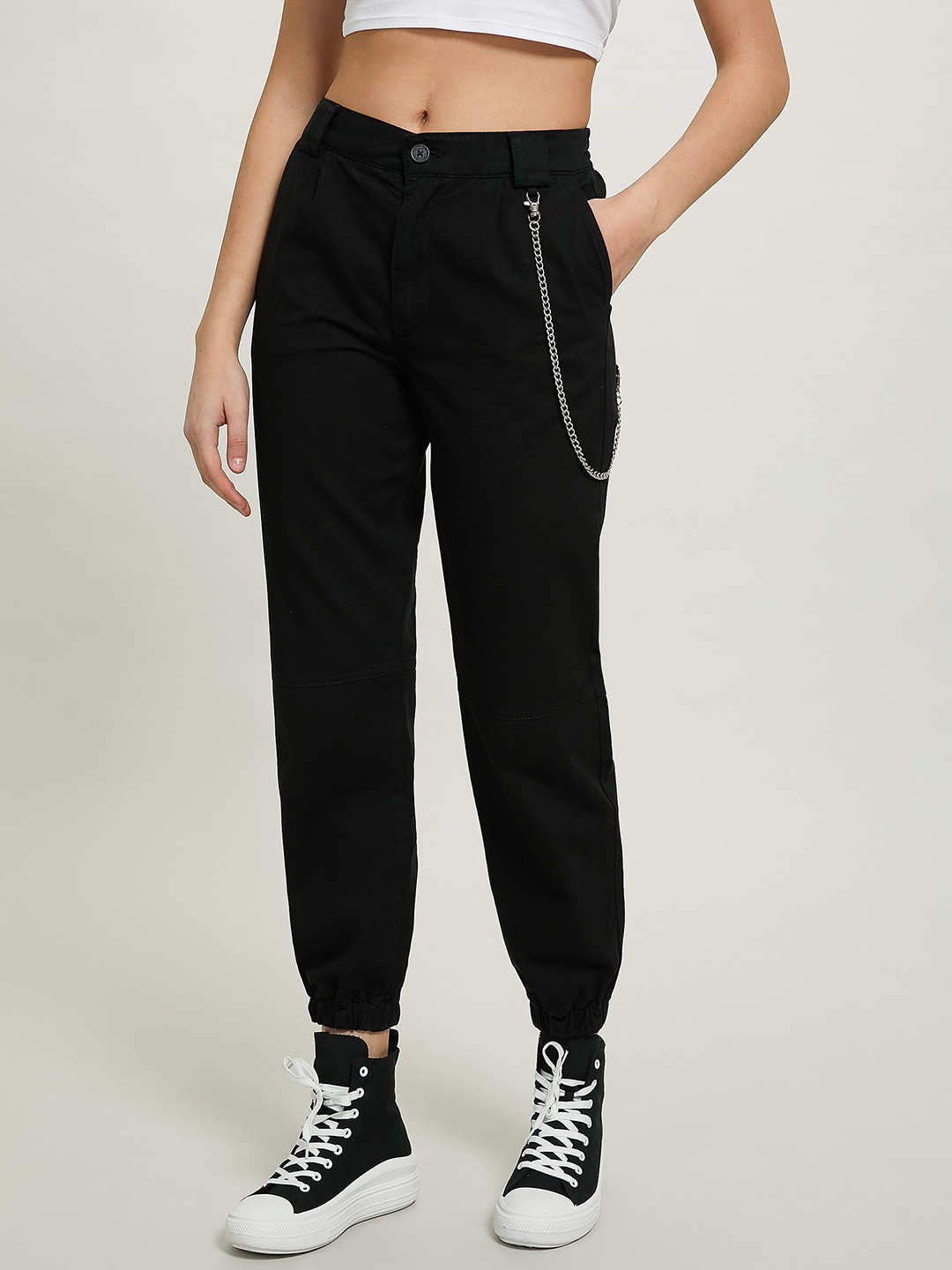 ALCOTT Women High-Rise Pure Cotton Joggers, Black
