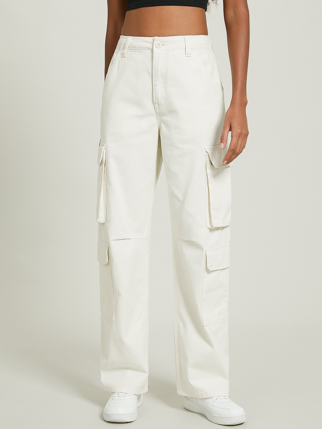 

ALCOTT Women Straight Fit High-Rise Pure Cotton Cargos, Off white