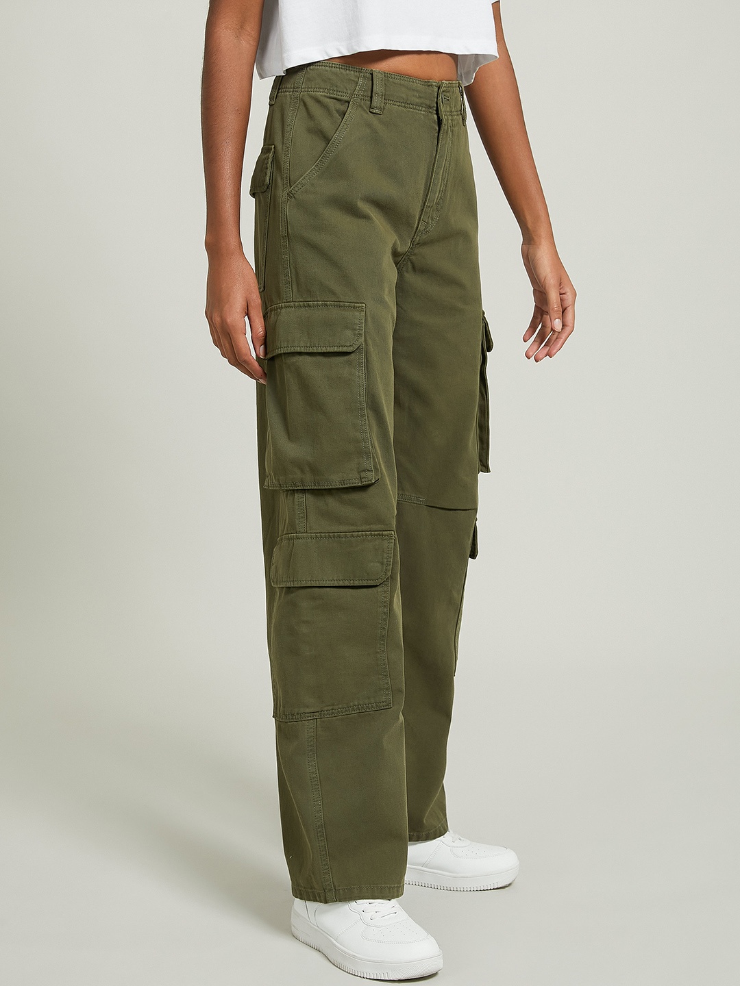 

ALCOTT Women Straight Fit High-Rise Pure Cotton Cargos, Olive