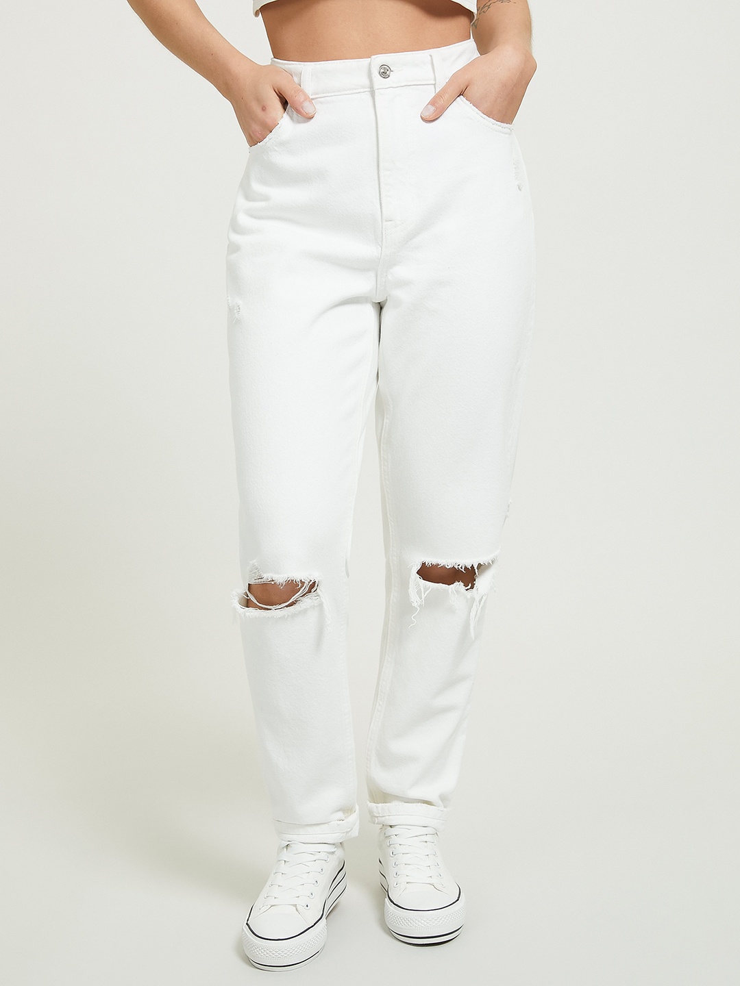 

ALCOTT Women High-Rise Slash Knee Jeans, White