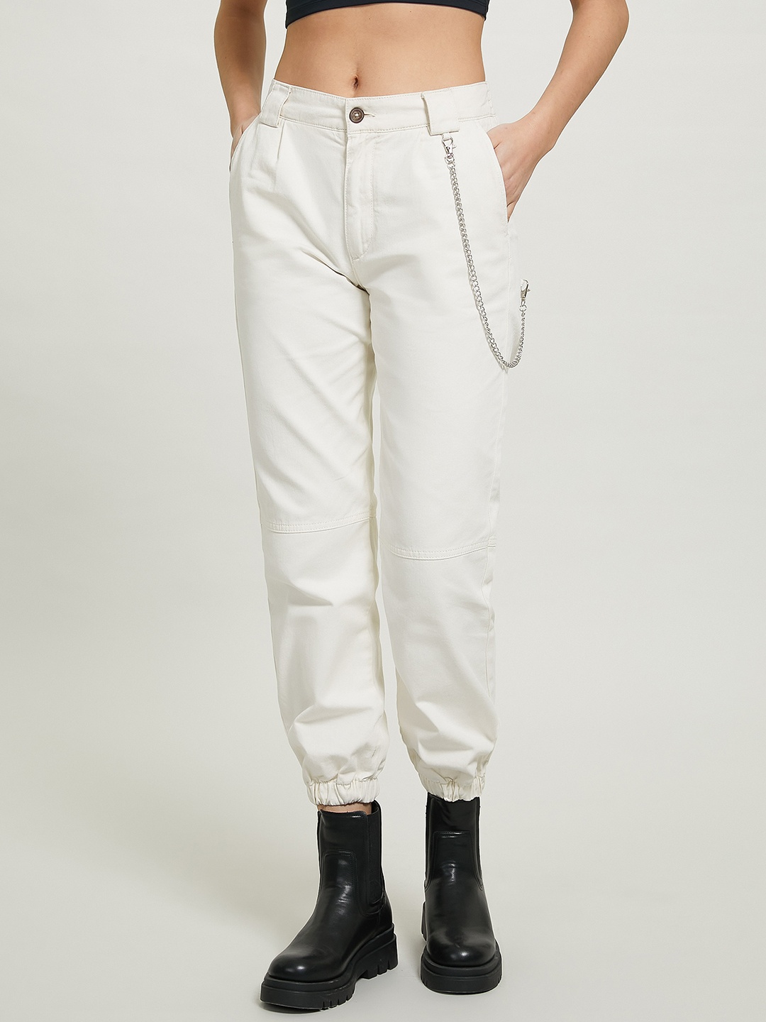 ALCOTT Women High-Rise Pure Cotton Joggers, Off white