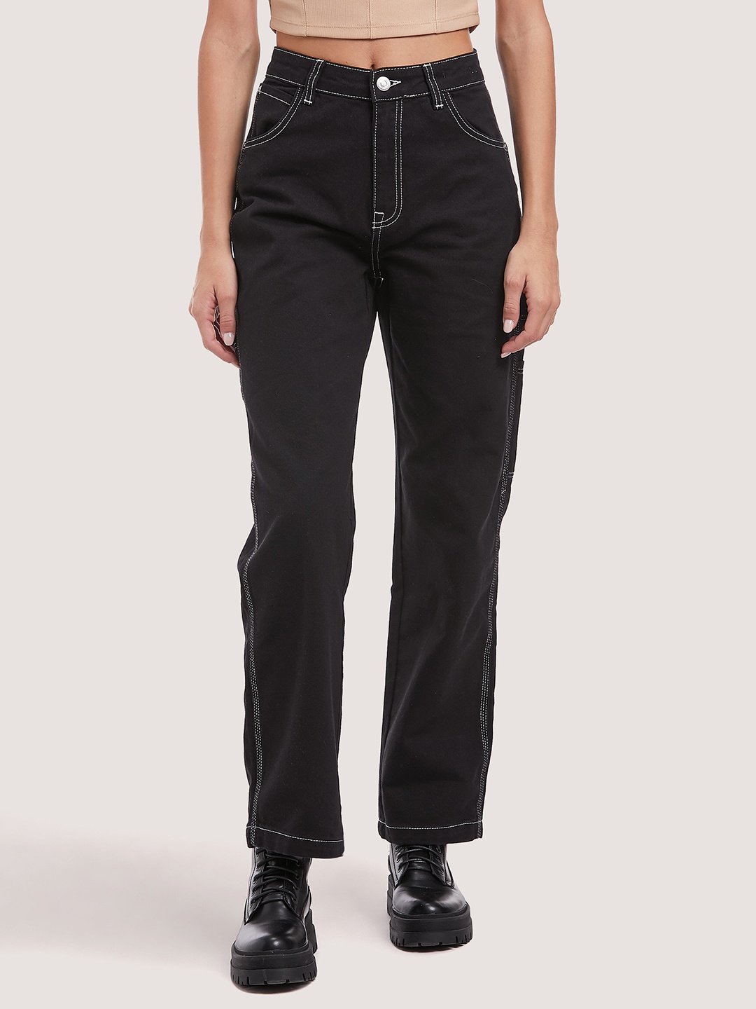 

ALCOTT Women Pure Cotton Cargo Style Jeans, Black