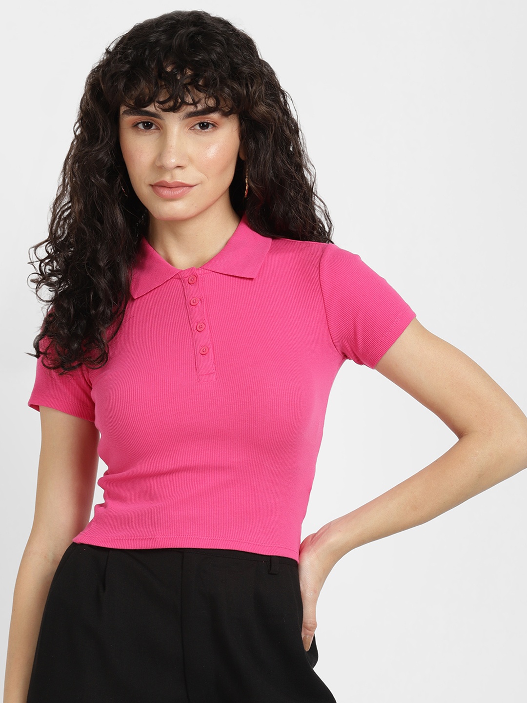 

ALCOTT Ribbed Shirt Collar Top, Fuchsia