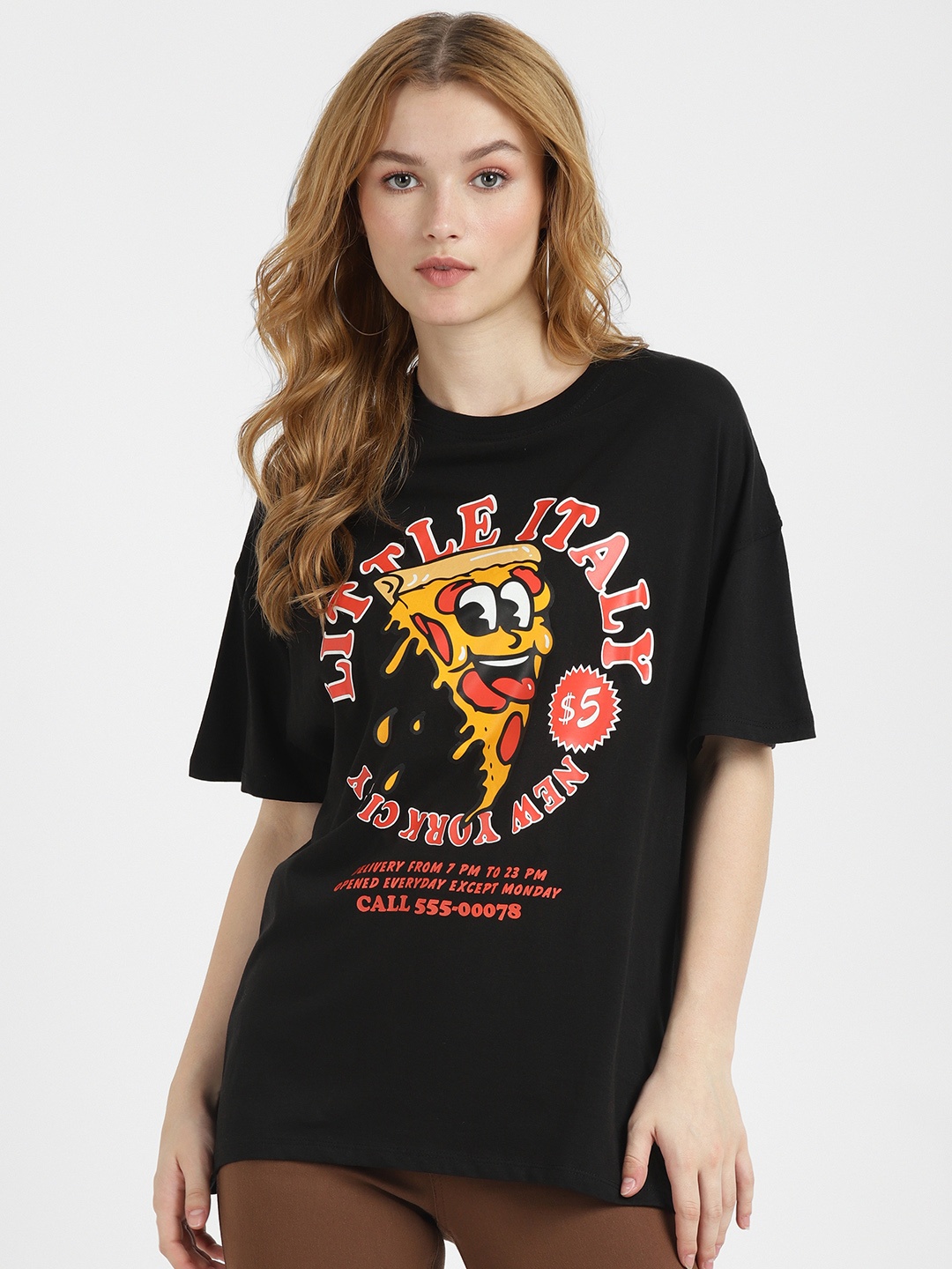

ALCOTT Printed Drop-Shoulder Sleeves Pure Cotton T-shirt, Black