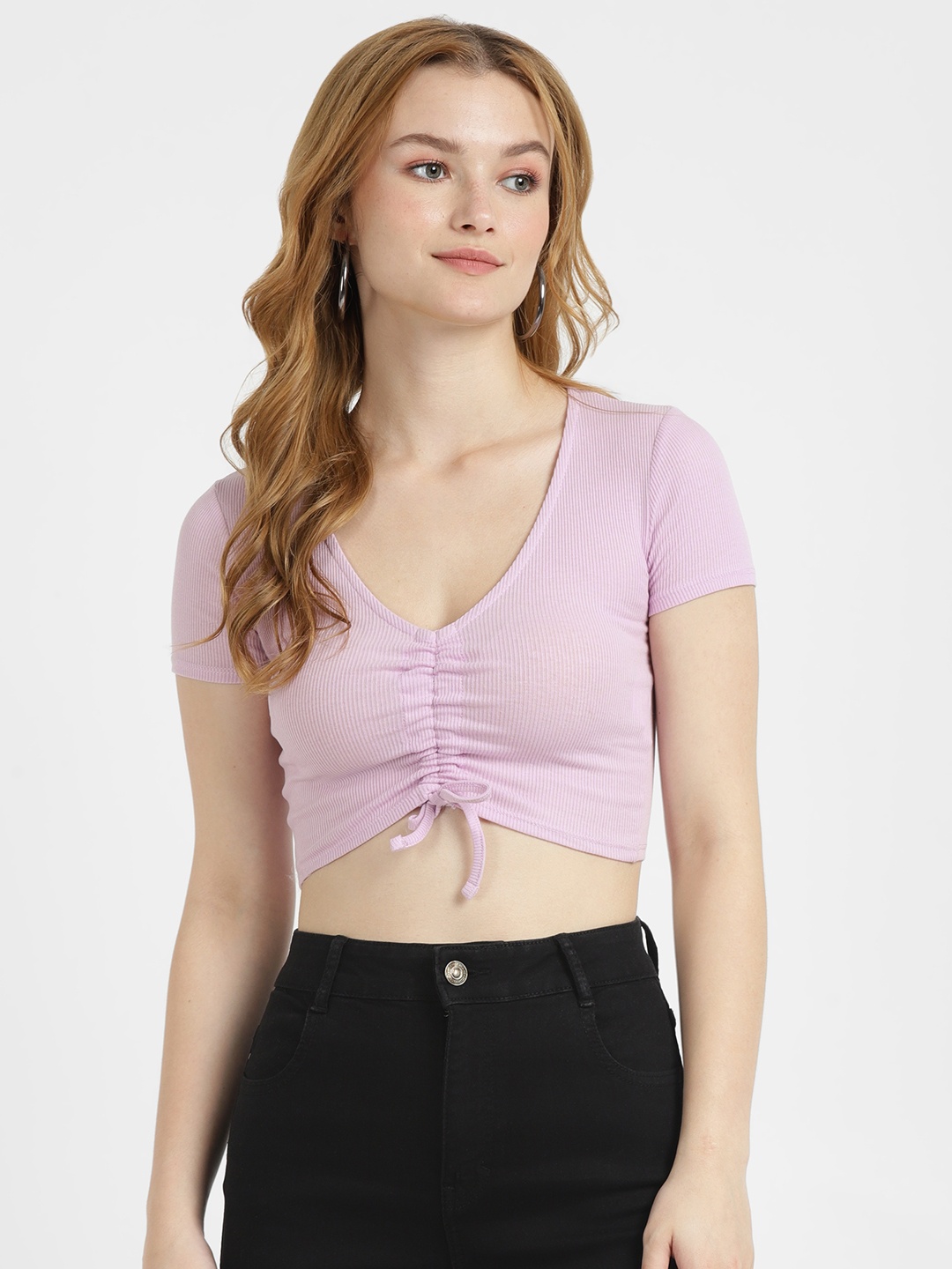

ALCOTT V-Neck Ruched Crop Top, Lavender