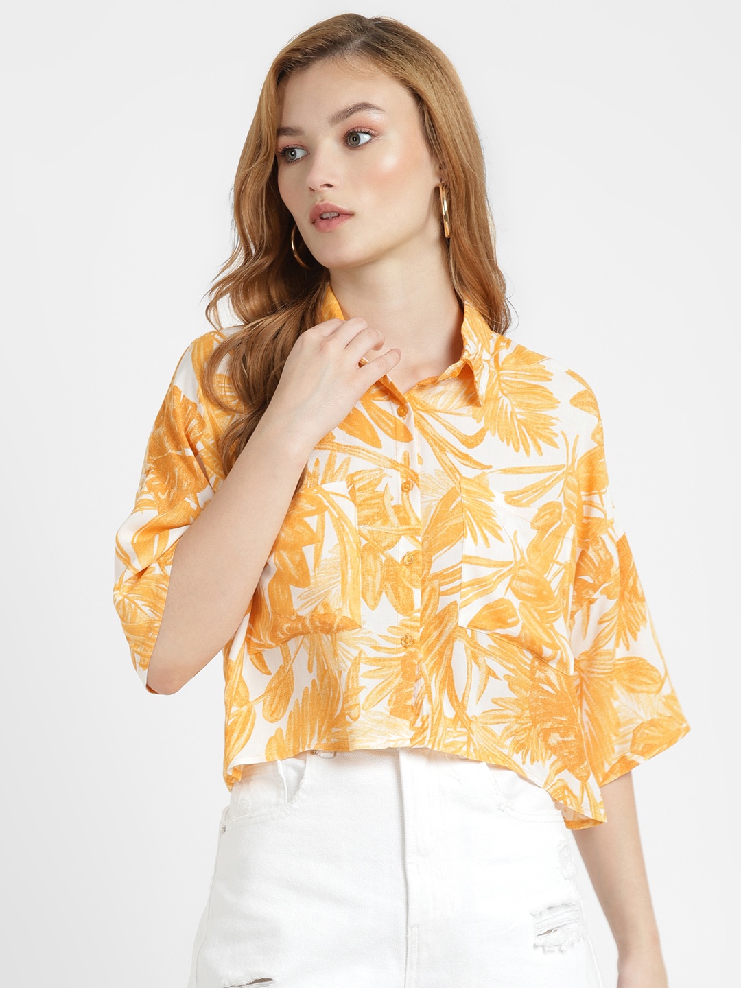 

ALCOTT Boxy Fit Floral Print Spread Collar Shirt, Orange