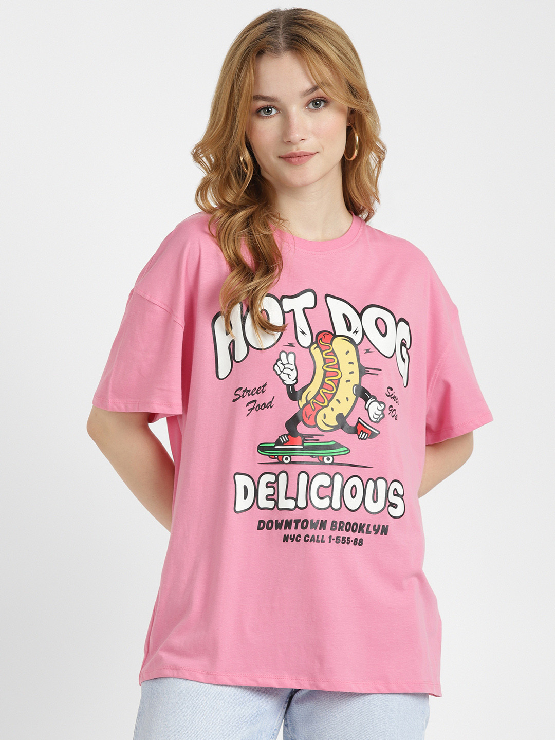 

ALCOTT Women Typography Printed Pure Cotton Oversized T-shirt, Pink