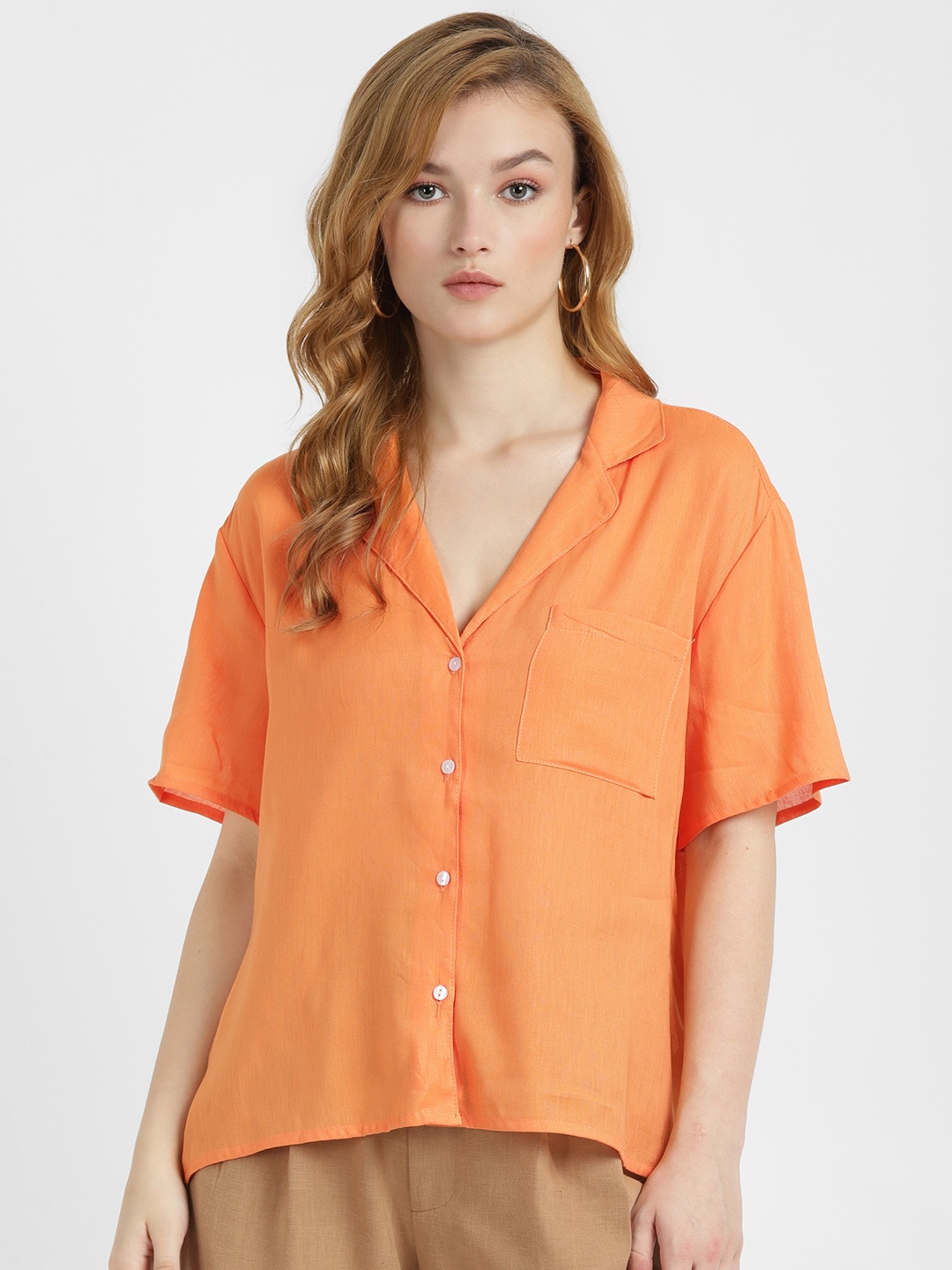 

ALCOTT Cuban Collar Boxy Fit Shirt, Orange