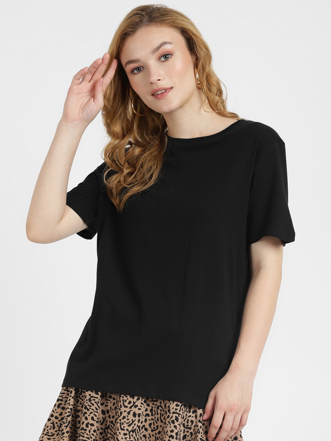 

ALCOTT Women Relaxed Fit Pure Cotton T-shirt, Black