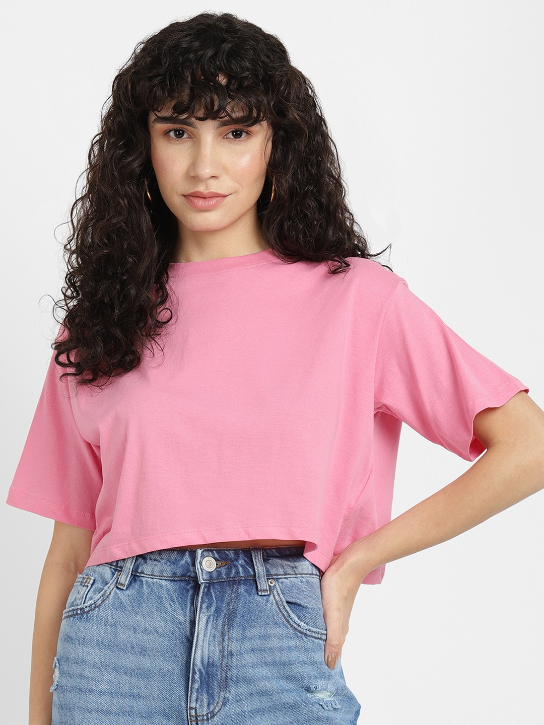 

ALCOTT Women Pure Cotton Crop T-shirt, Pink