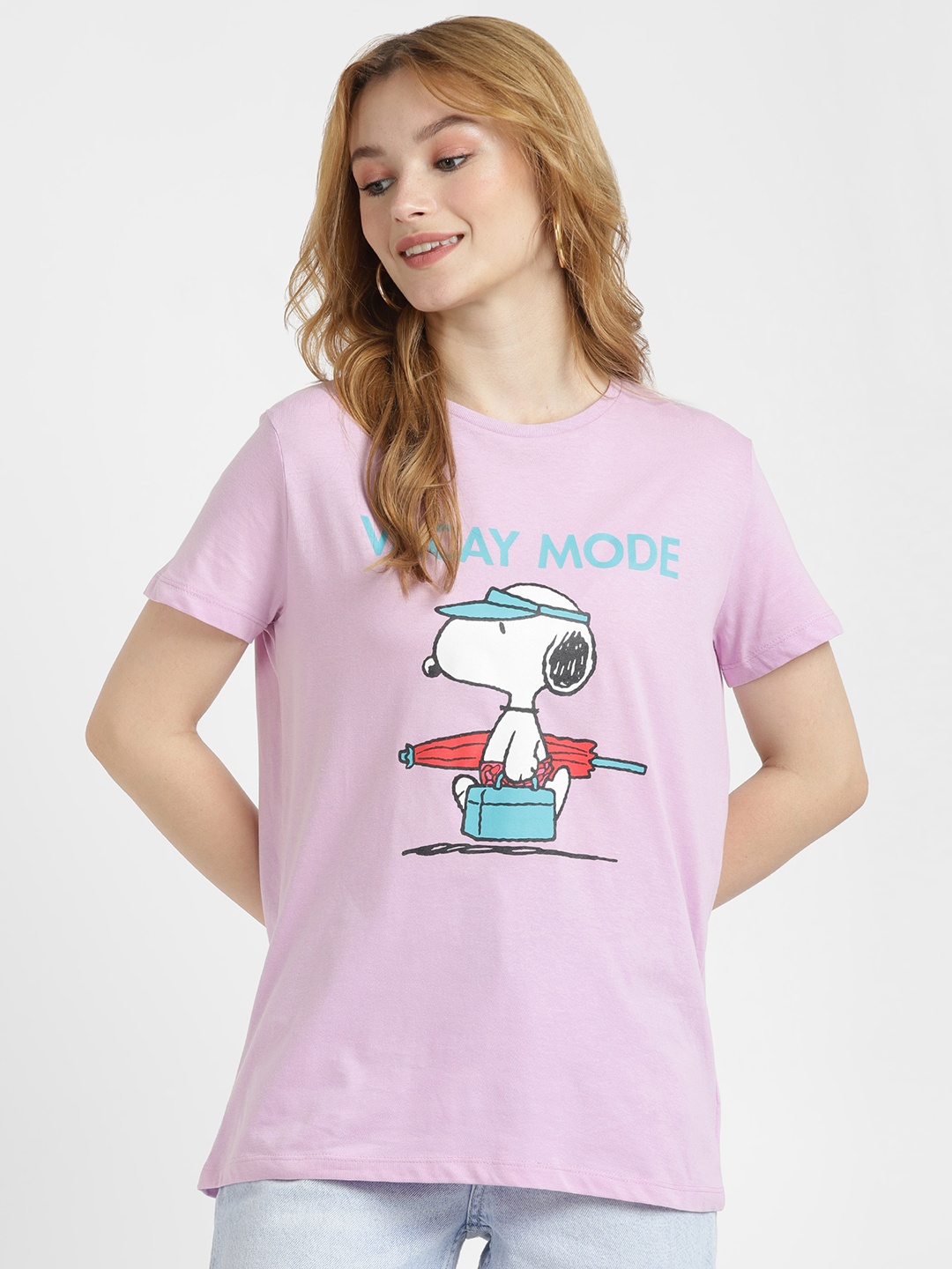 ALCOTT Women Snoopy Printed Pure Cotton T-shirt, Lavender