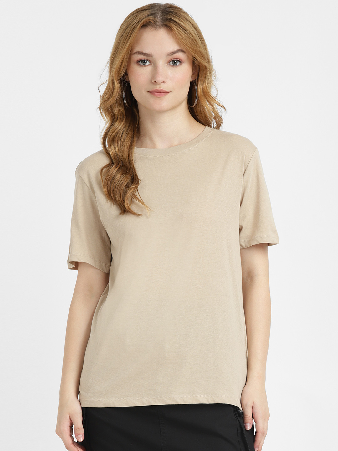 

ALCOTT Women Relaxed Fit Pure Cotton T-shirt, Beige