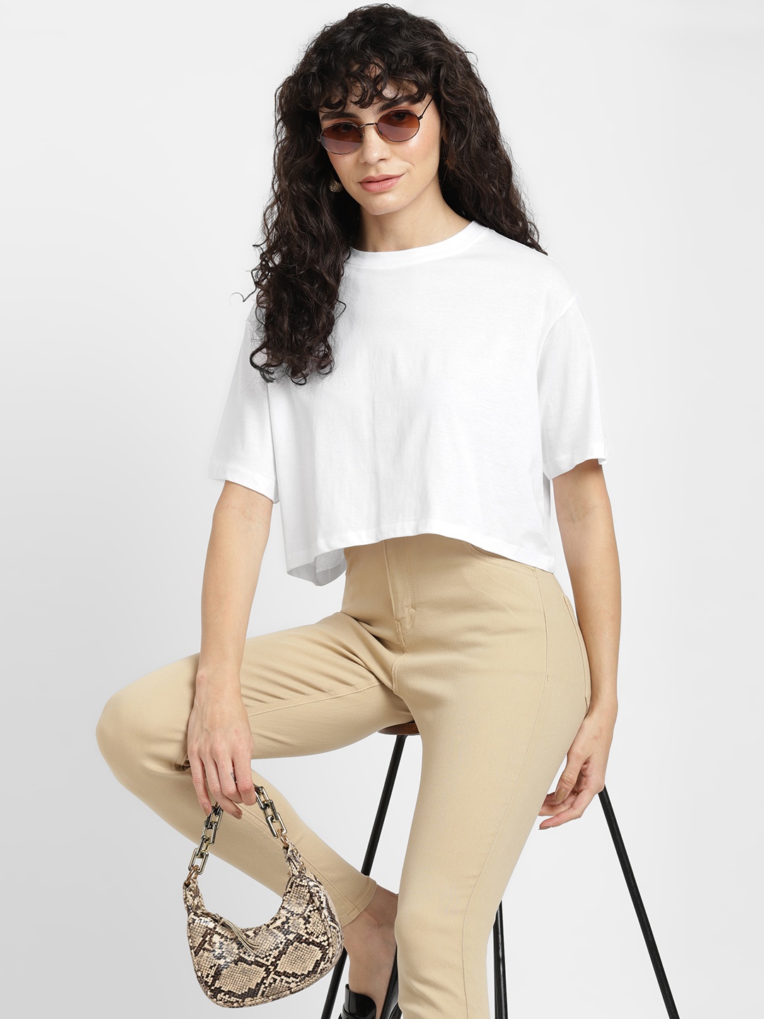 

ALCOTT Women Pure Cotton Crop T-shirt, White