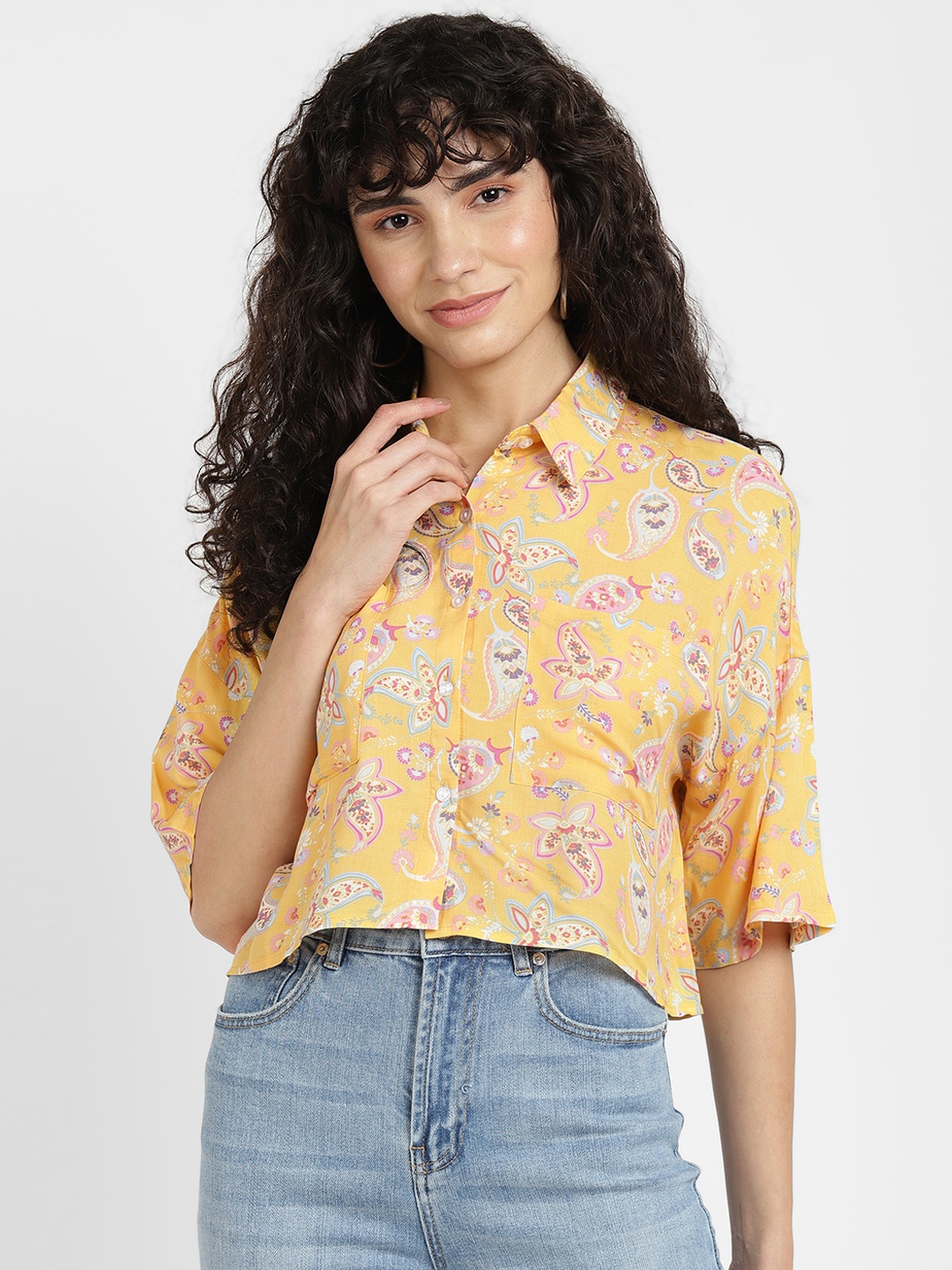 

ALCOTT Boxy Fit Floral Print Spread Collar Shirt, Yellow