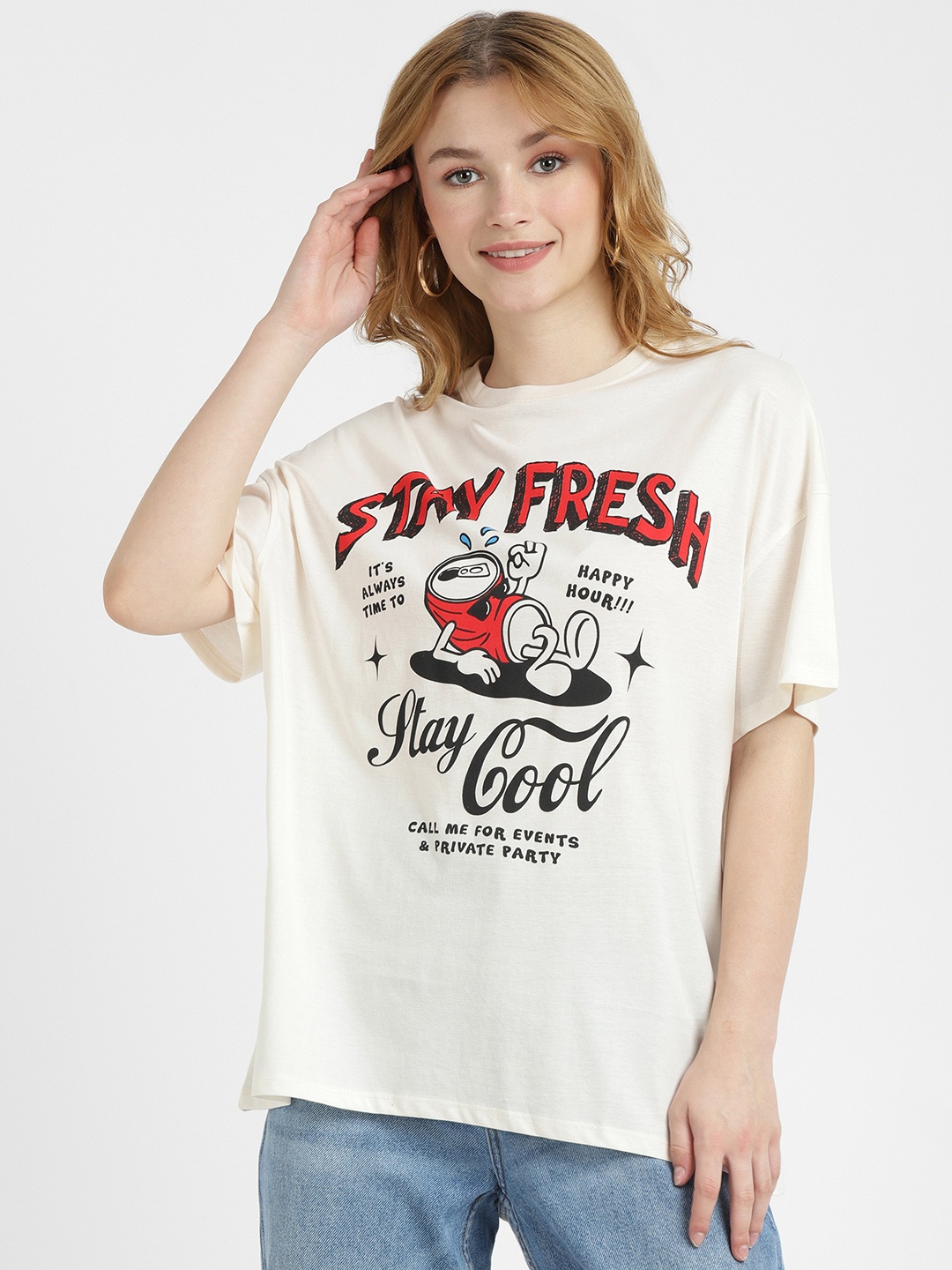 

ALCOTT Women Typography Printed Pure Cotton Oversized T-shirt, Cream