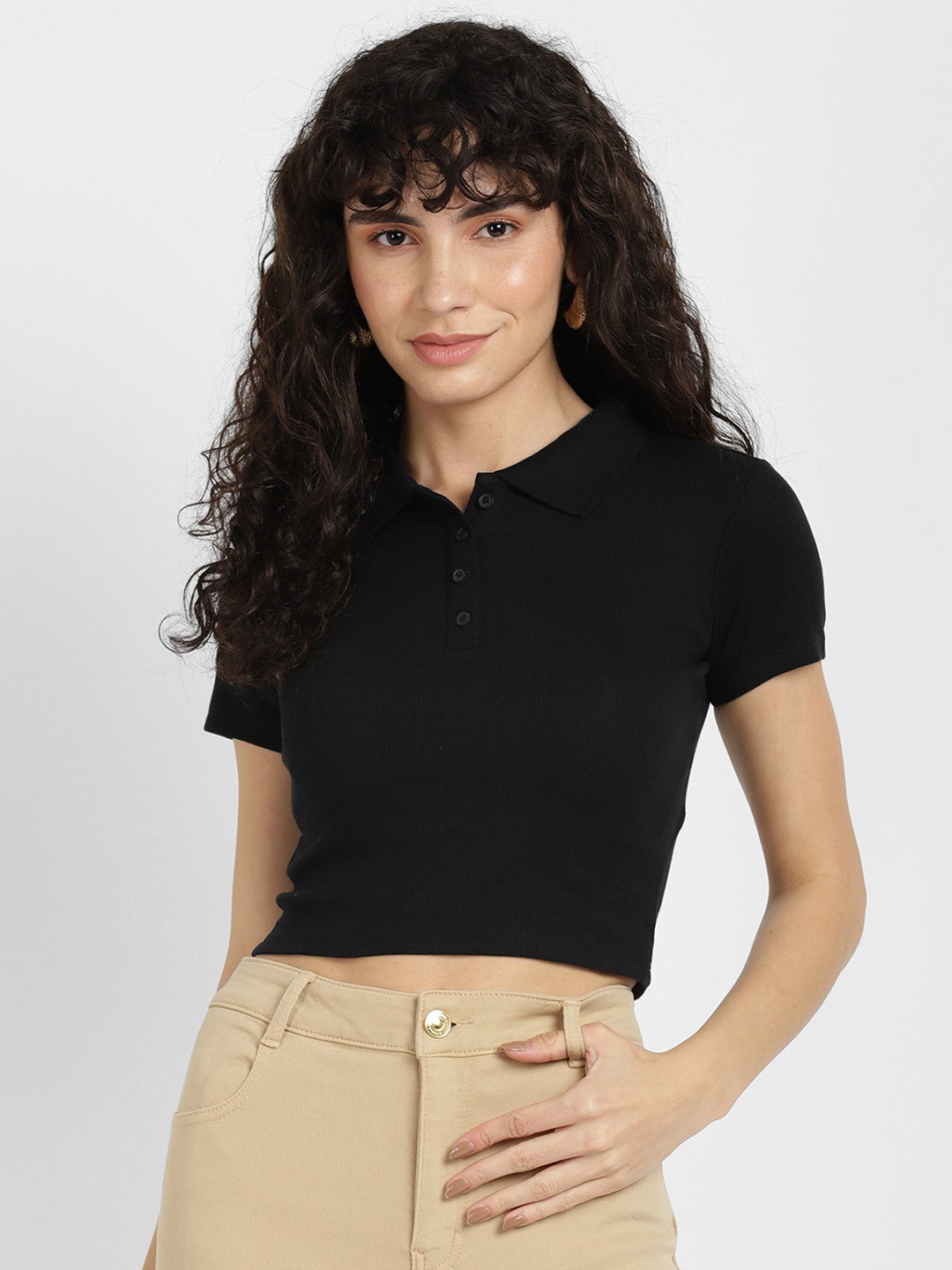 

ALCOTT Women Ribbed Polo Collar T-shirt, Black