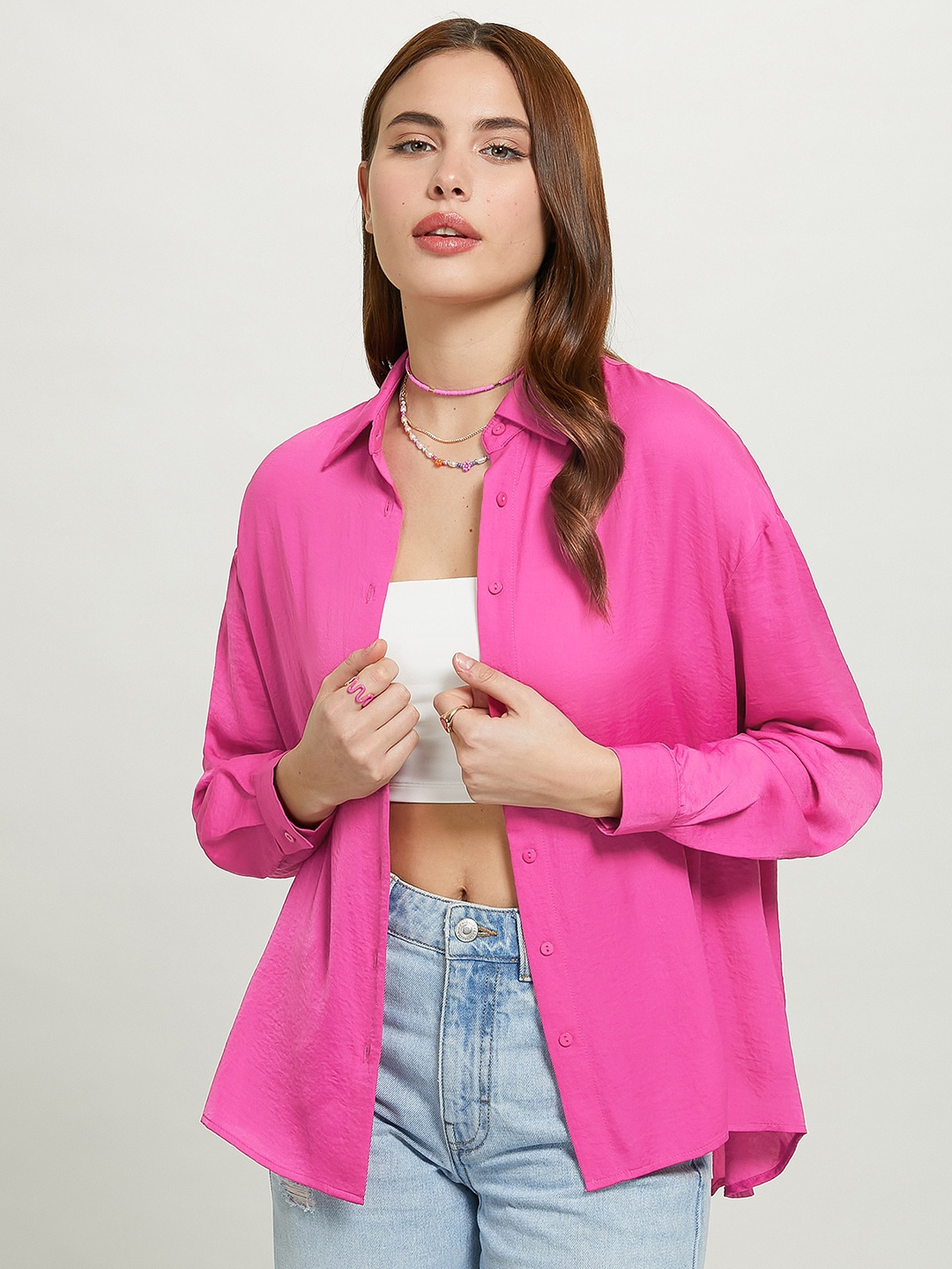 

ALCOTT High-Low Hem Boxy Opaque Casual Shirt, Fuchsia