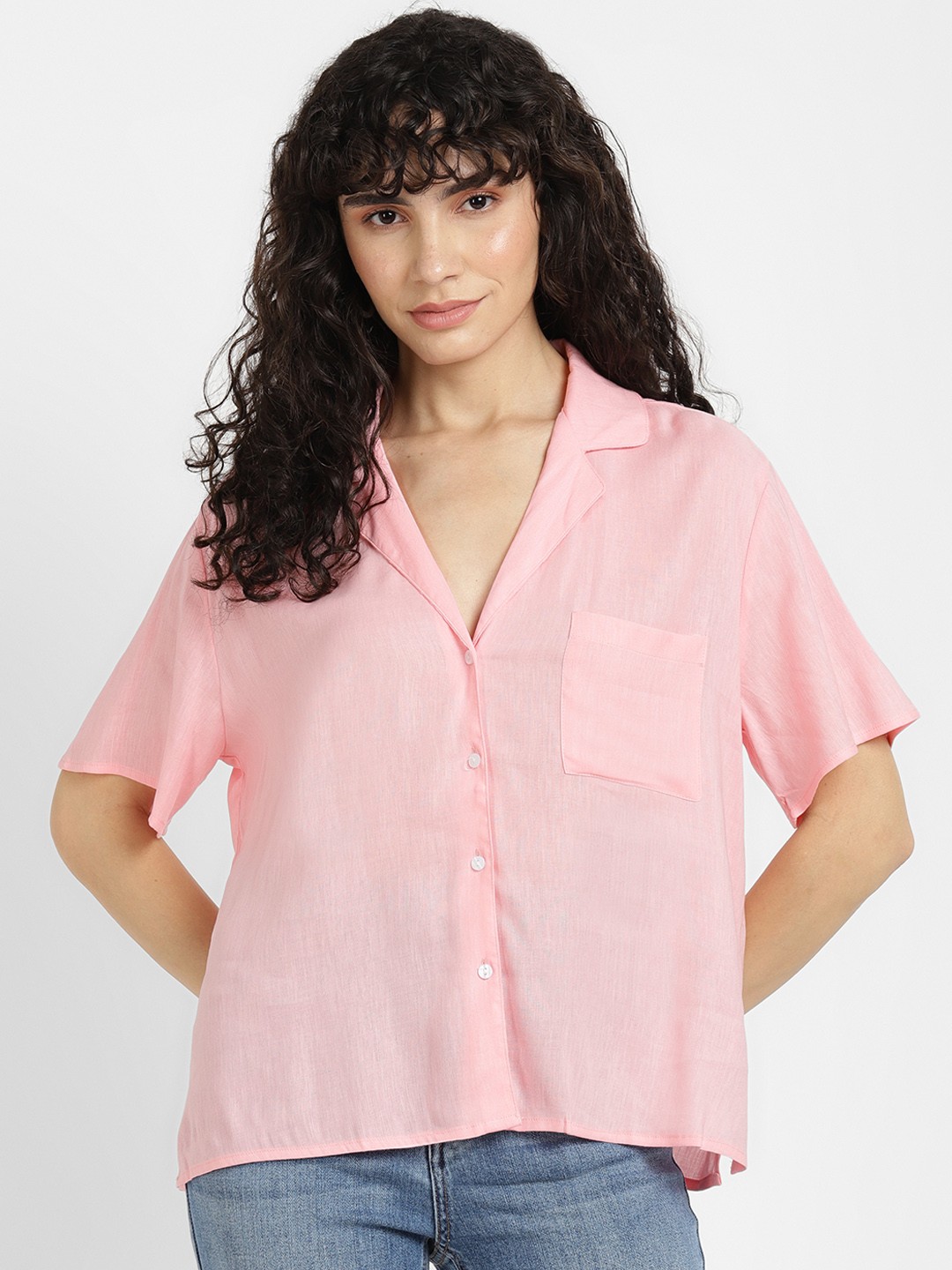 

ALCOTT Cuban Collar Boxy Fit Shirt, Pink