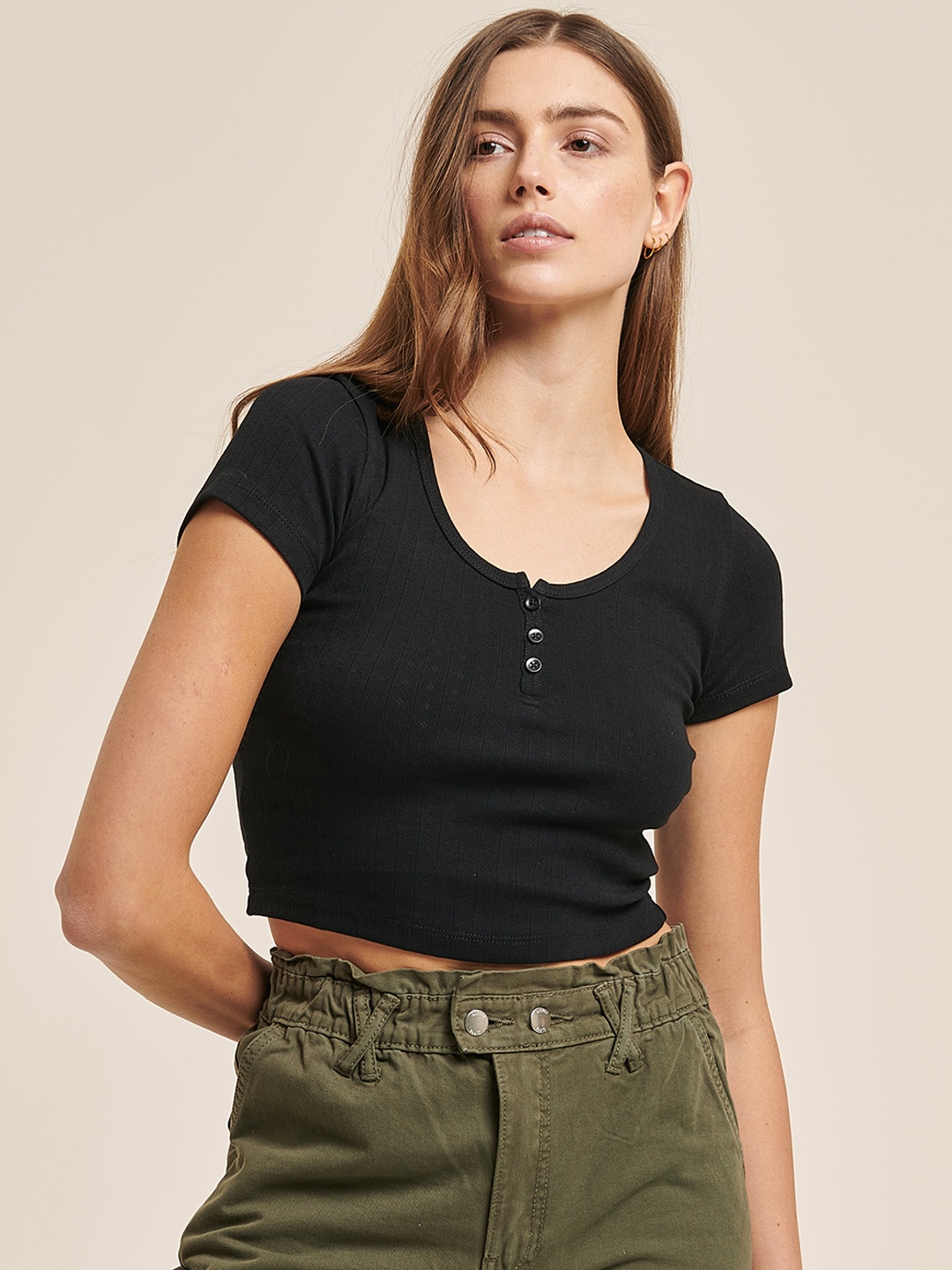 ALCOTT Self Design Pure Cotton Crop Top, Black