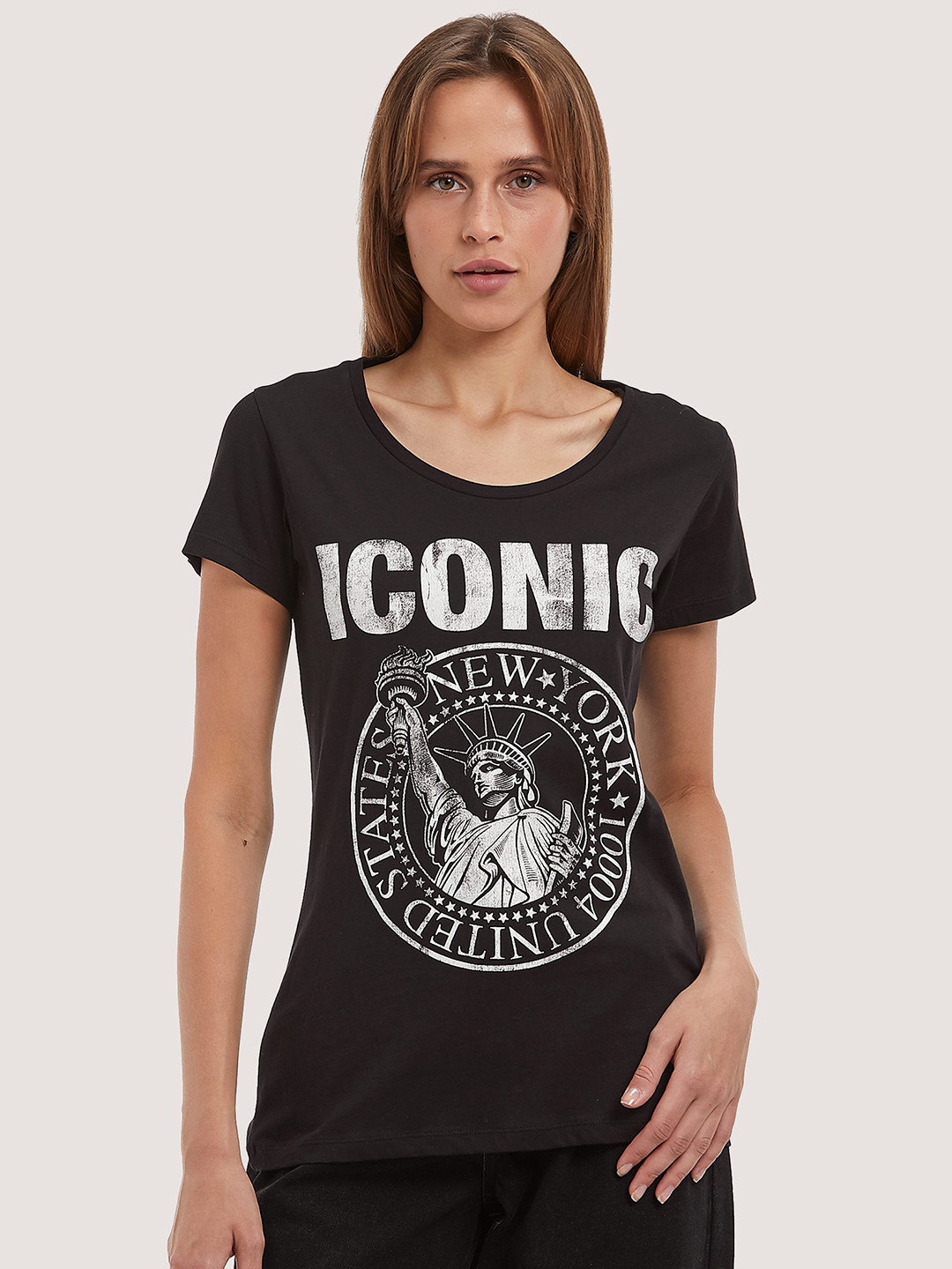 

ALCOTT Women Typography Printed Pure Cotton T-shirt, Black