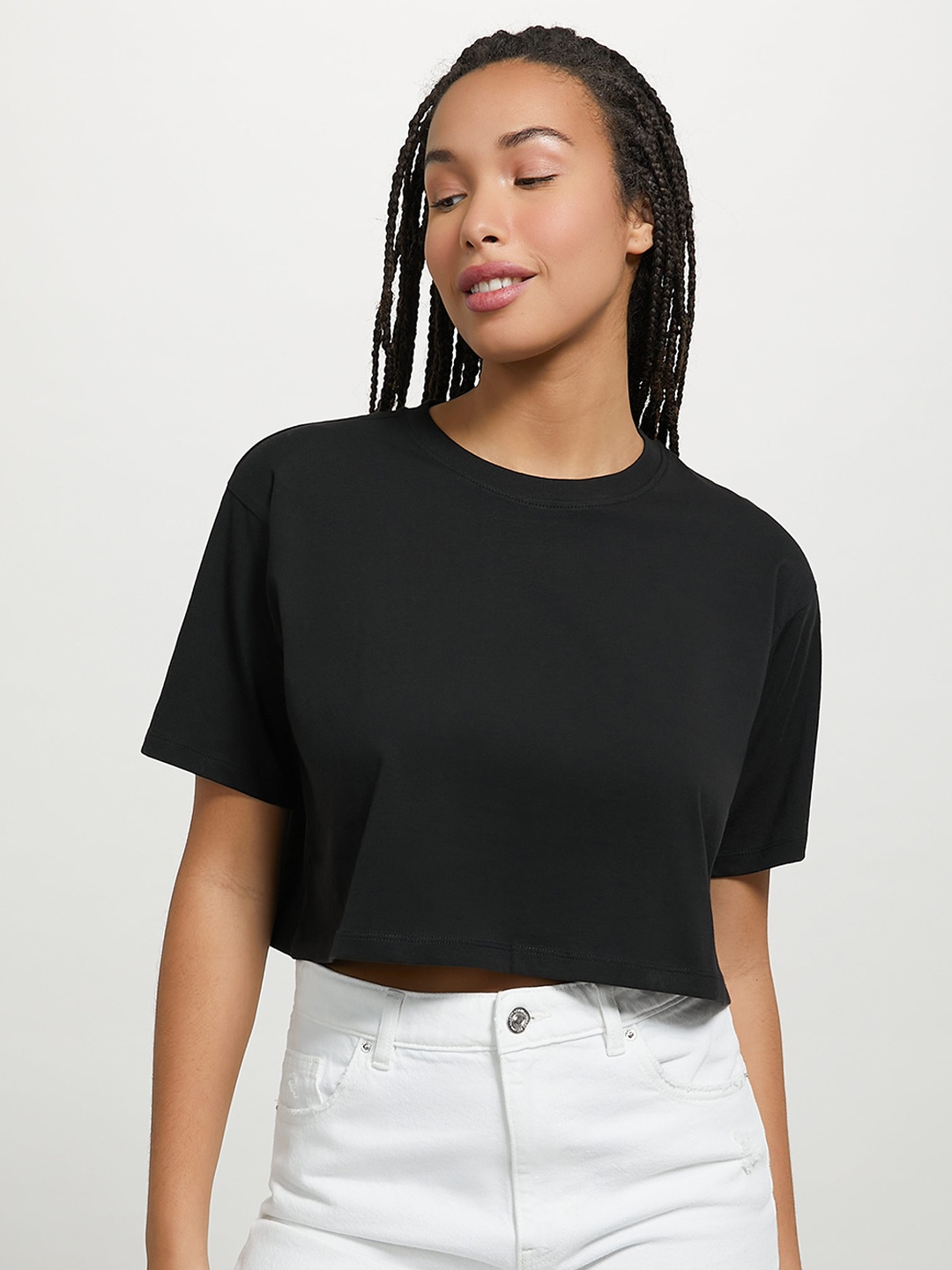 ALCOTT Women Pure Cotton Crop T-shirt, Black