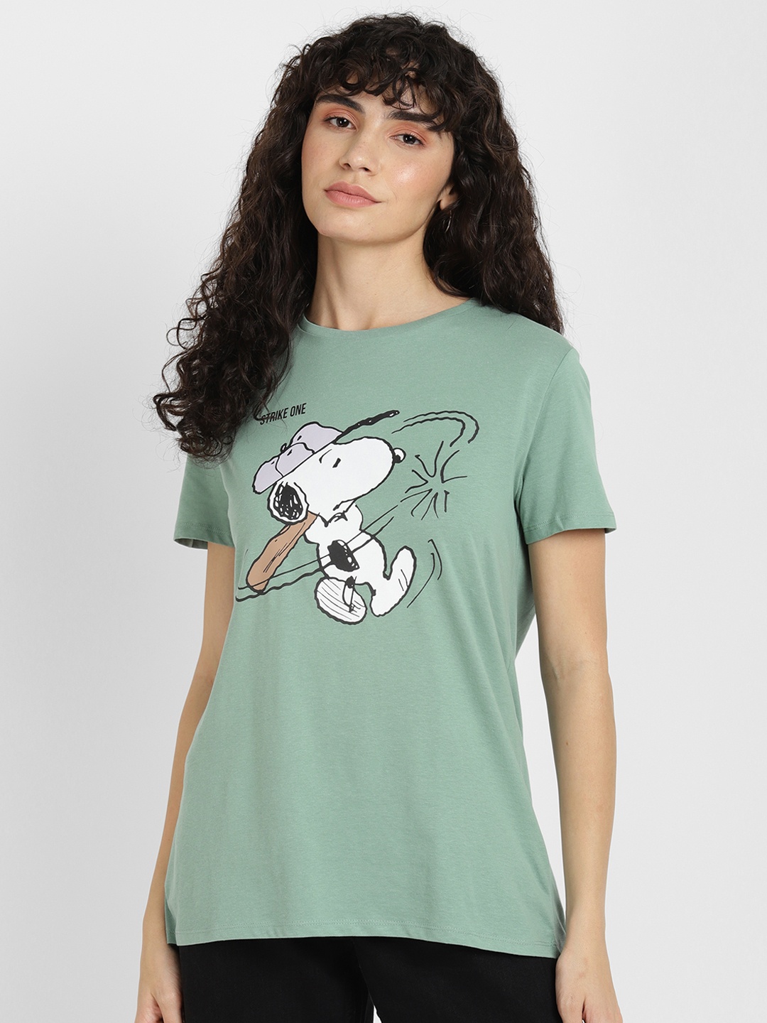 

ALCOTT Women Snoopy Printed Pure Cotton T-shirt, Green