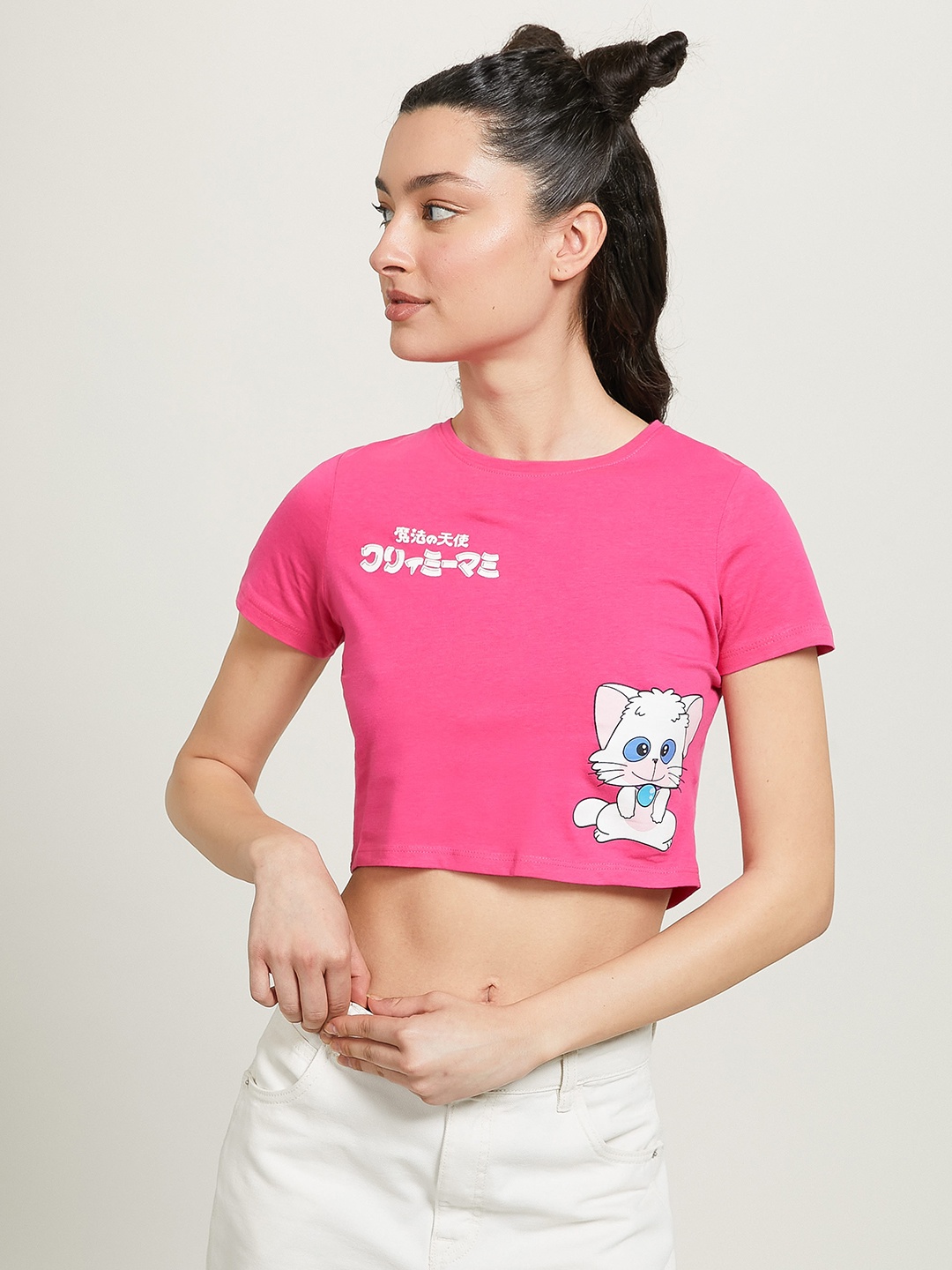 

ALCOTT Women Pure Cotton Printed Cropped T-shirt, Pink