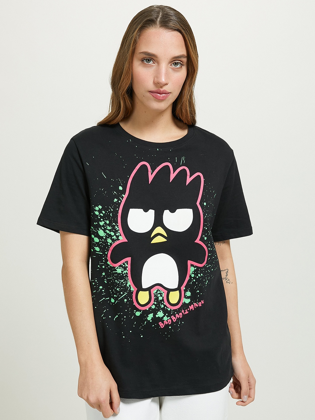 

ALCOTT Women Pure Cotton Badtz-Maru Print T-shirt, Black