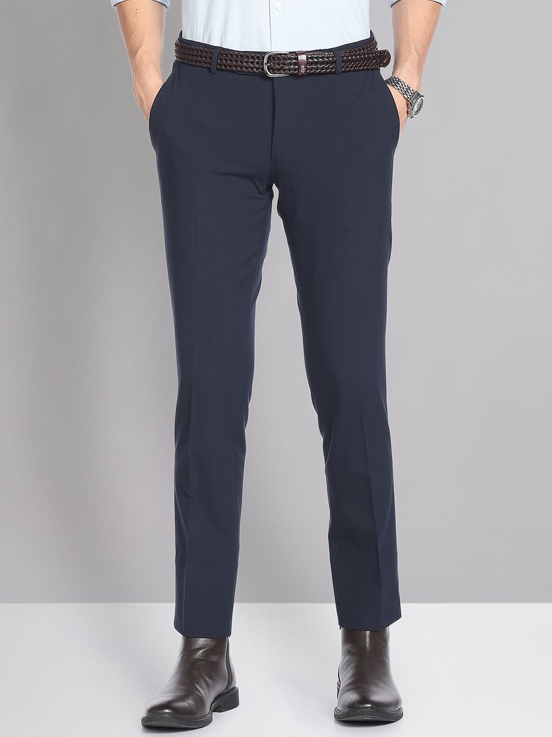 

AD By Arvind Men Mid-Rise Twill Formal Trousers, Navy blue