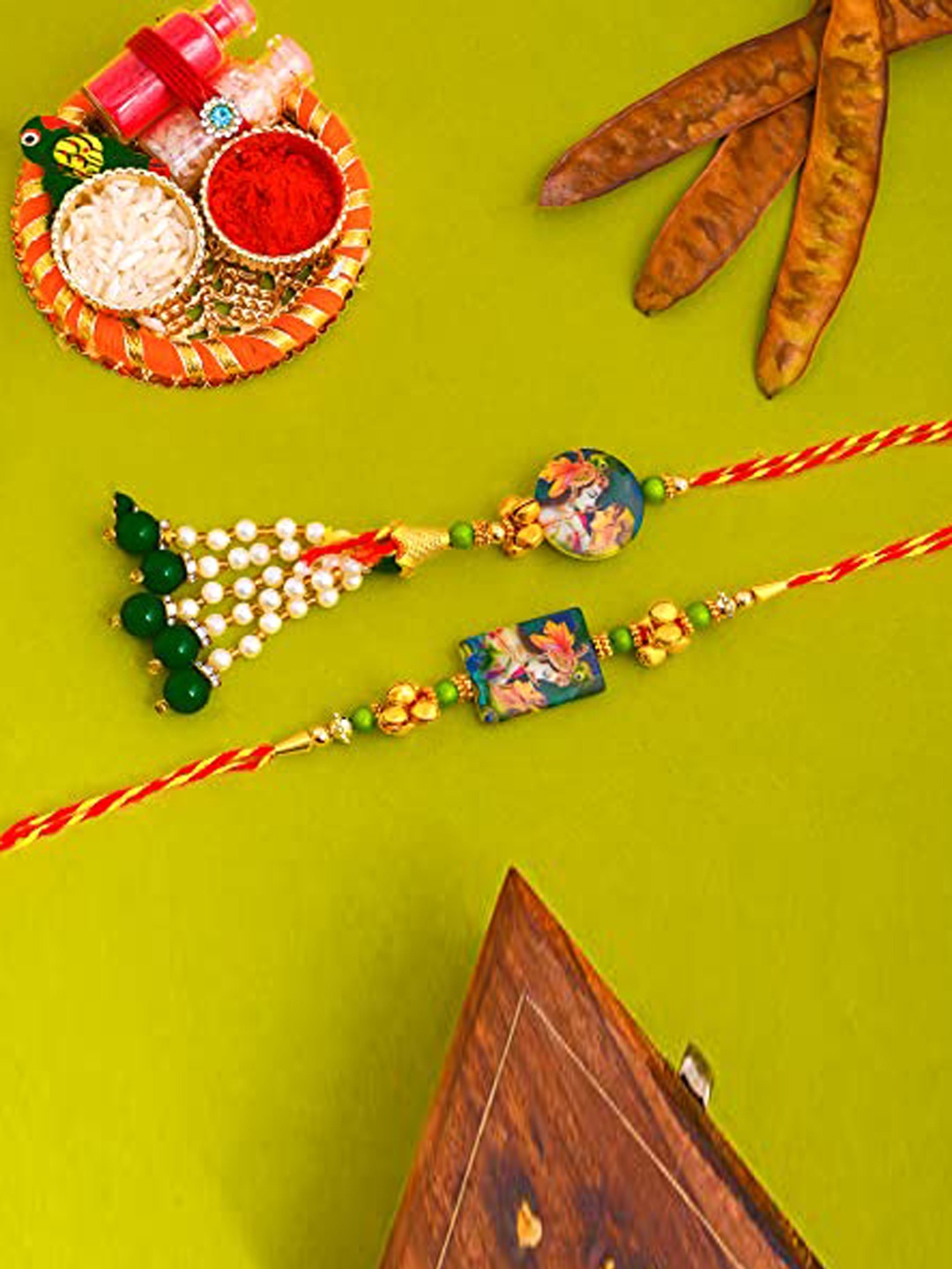 

Perpetual Set Of 2 Lumba & Bhabhi Rakhis With Roli Chawal, Green