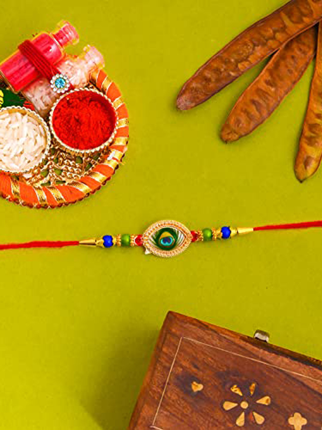 

Perpetual Set Of 5 Evil Eye Beaded Thread Rakhi, Red