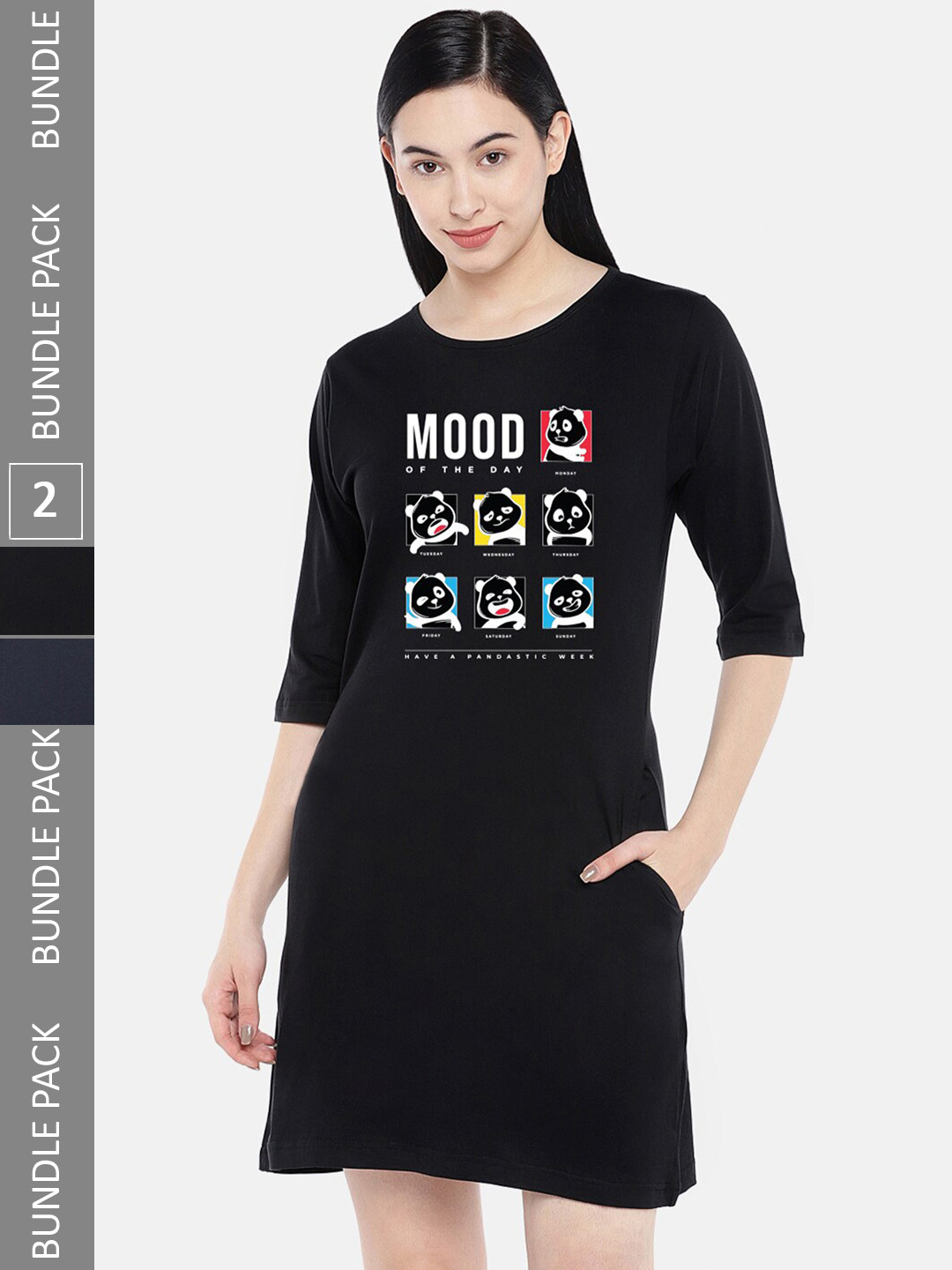 

STATUS MANTRA Pack Of 2 Printed Round Neck Pure Cotton T-Shirt Dress, Black