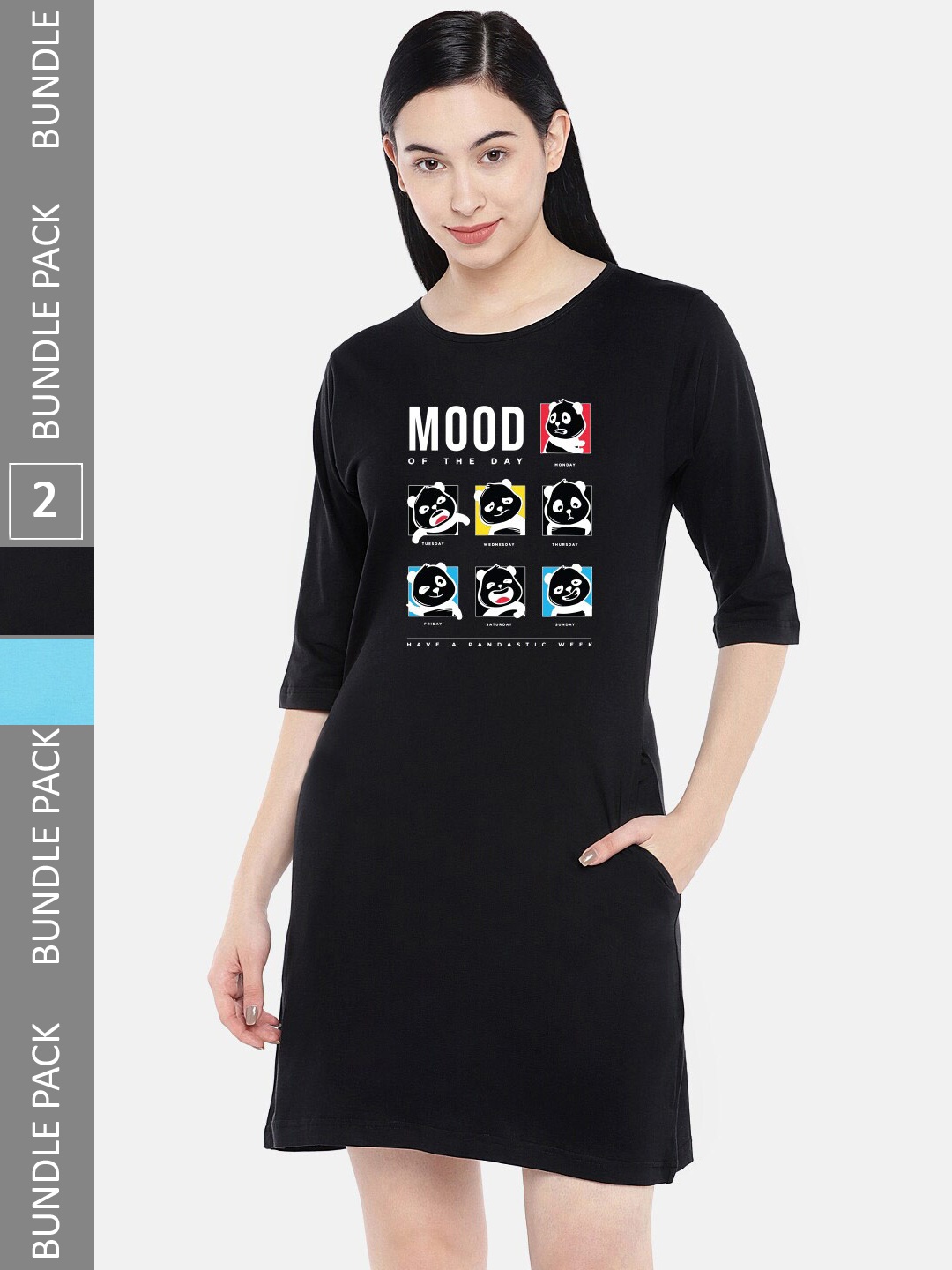 

STATUS MANTRA Pack Of 2 Printed Round Neck Pure Cotton T-shirt Dress, Black
