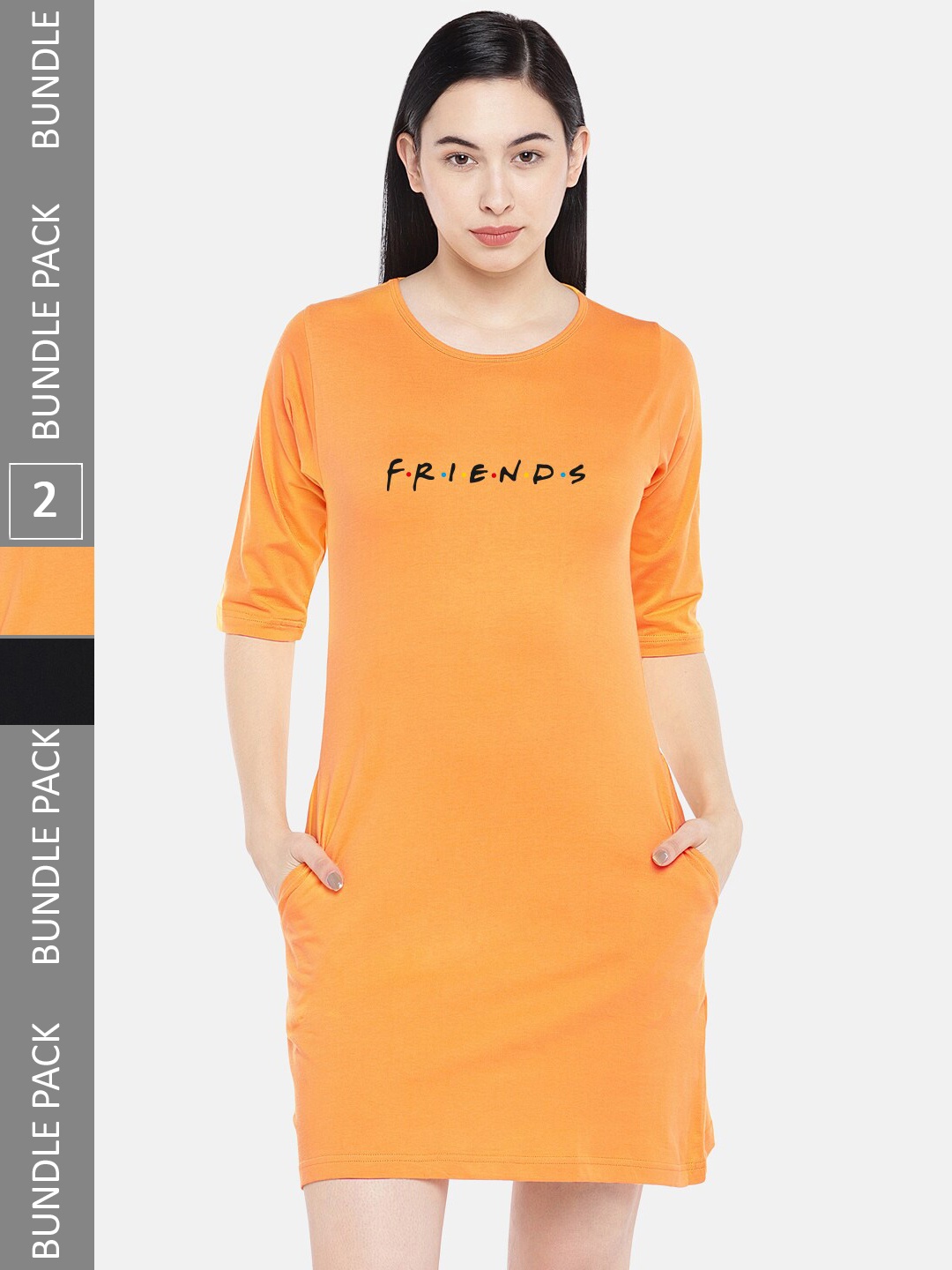 

STATUS MANTRA Pack Of 2 Printed Round Neck Pure Cotton T-shirt Dress, Yellow