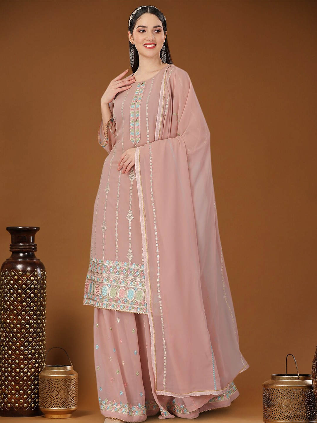 

Angroop Embellished Sequined Semi-Stitched Dress Material, Peach