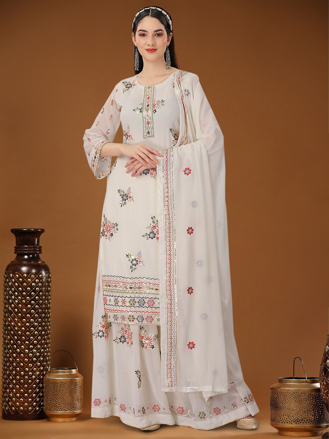 

Angroop Embellished Sequined Semi-Stitched Dress Material, White