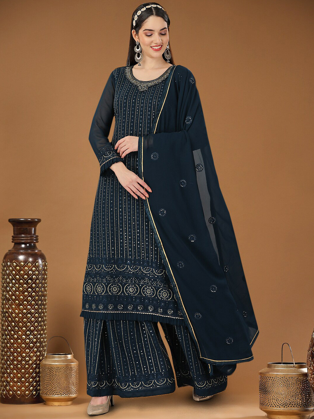 

Angroop Embellished Sequined Semi-Stitched Dress Material, Navy blue