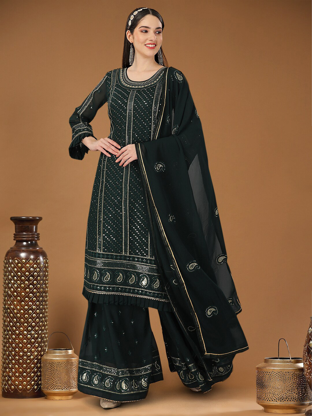 

Angroop Embellished Sequined Semi-Stitched Dress Material, Green