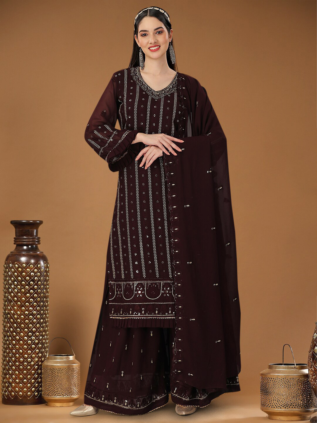 

Angroop Embellished Sequined Semi-Stitched Dress Material, Maroon