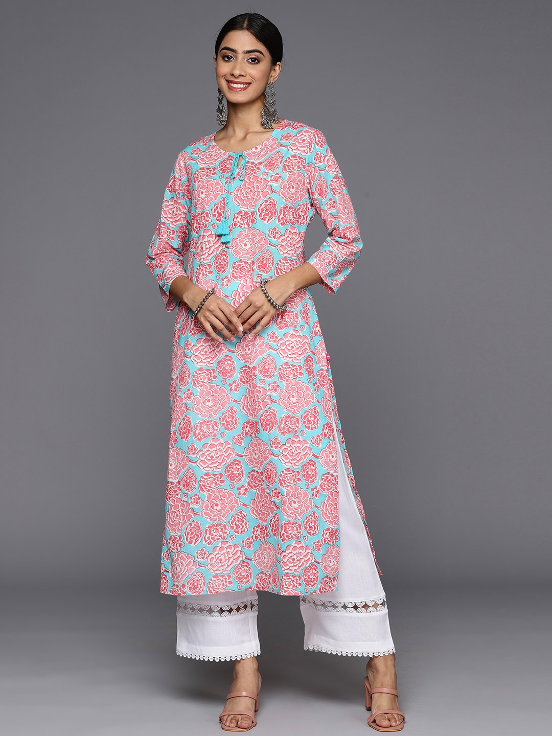 

Varanga Floral Printed Tie-Up Neck Pure Cotton Kurta, Turquoise blue