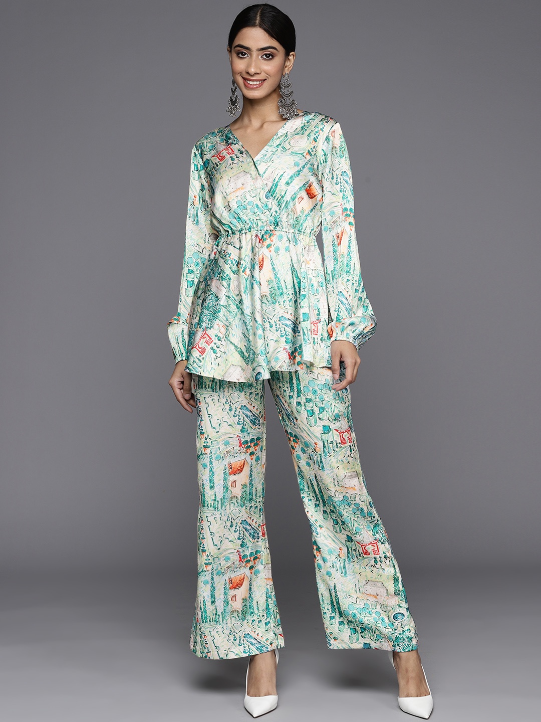 

Varanga Abstract Printed Top with Trousers, Teal