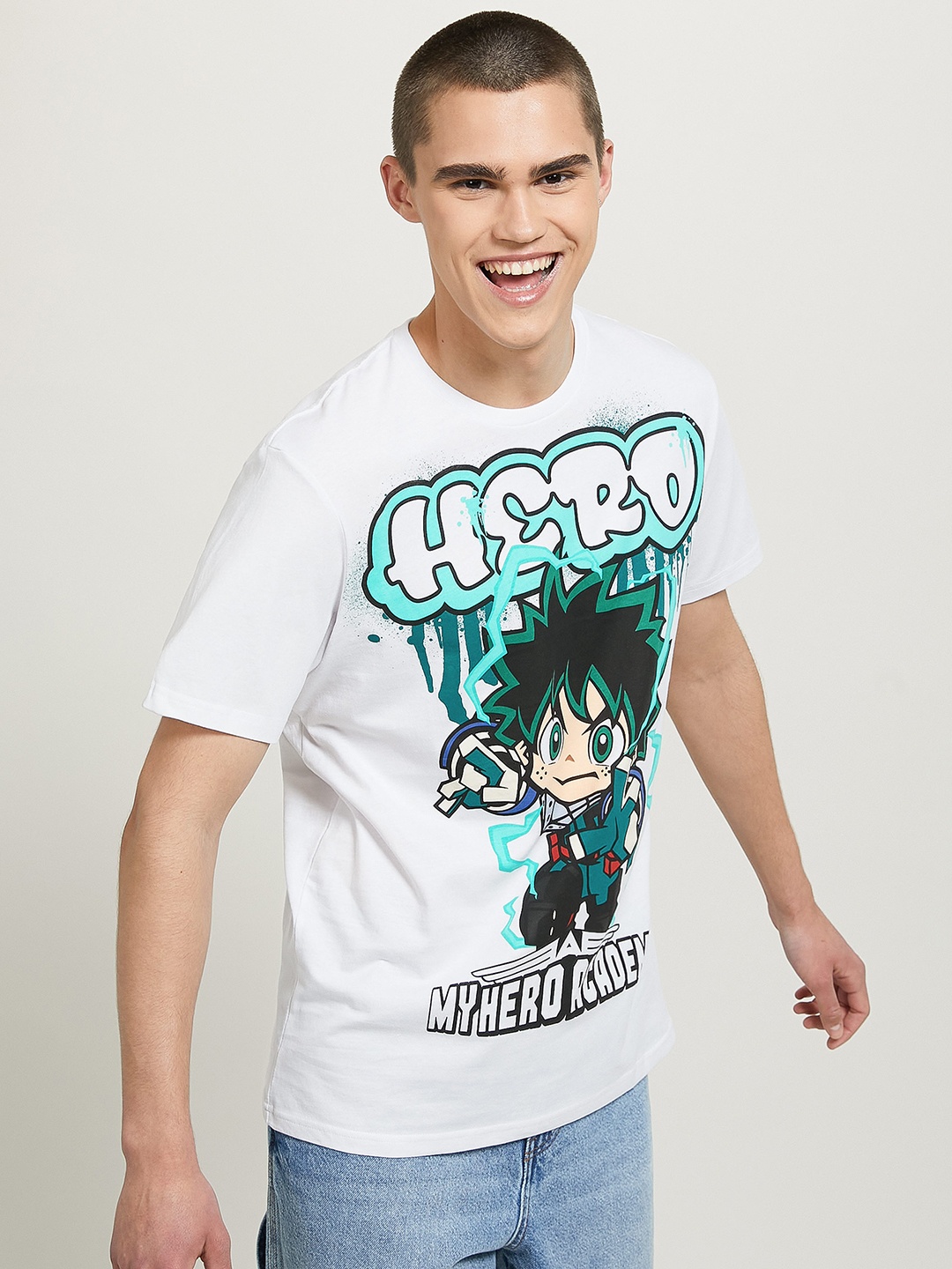 

ALCOTT Men My Hero Academia Printed Pure Cotton T-shirt, White