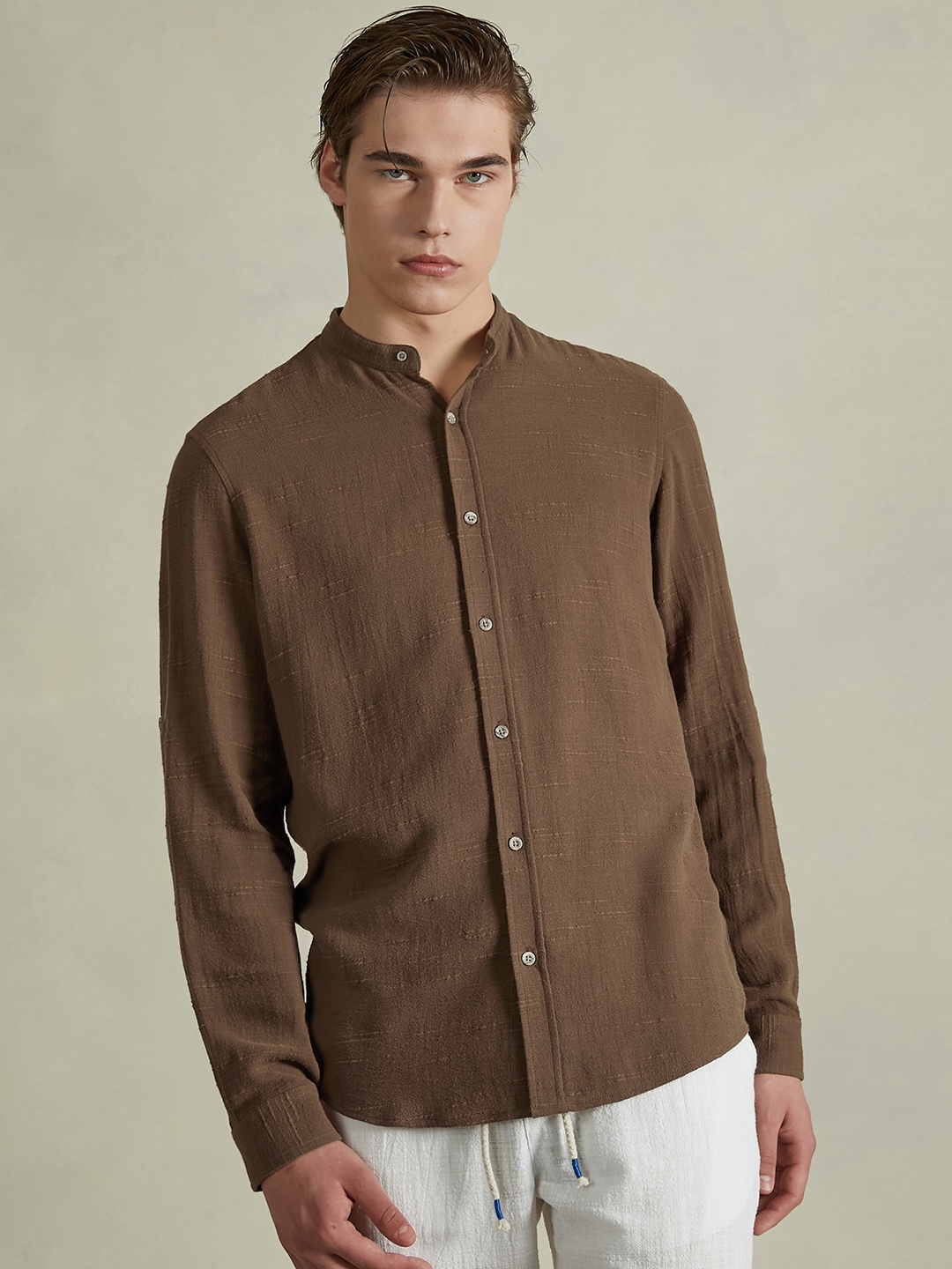 

ALCOTT Cotton-Linen Opaque Casual Shirt, Brown