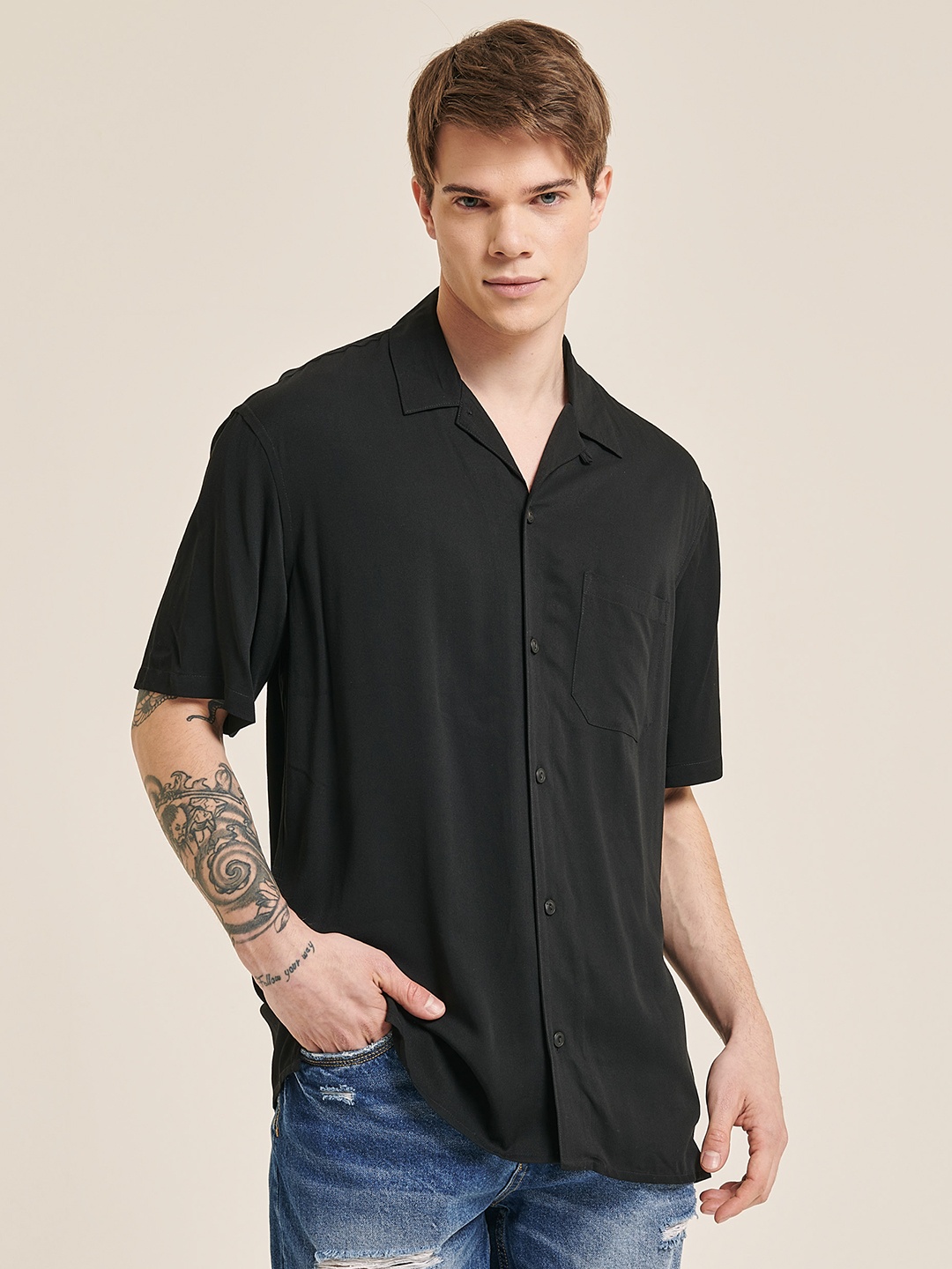 

ALCOTT Cuban Collar Boxy Opaque Casual Shirt, Black
