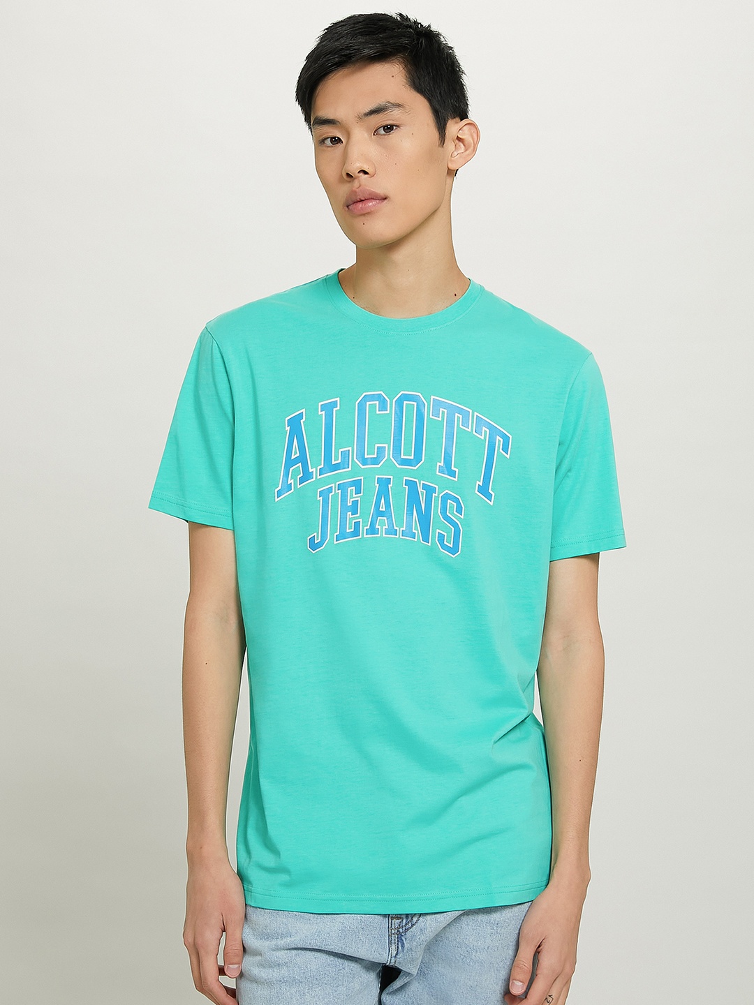 

ALCOTT Men Brand Logo Printed Pure Cotton T-shirt, Sea green