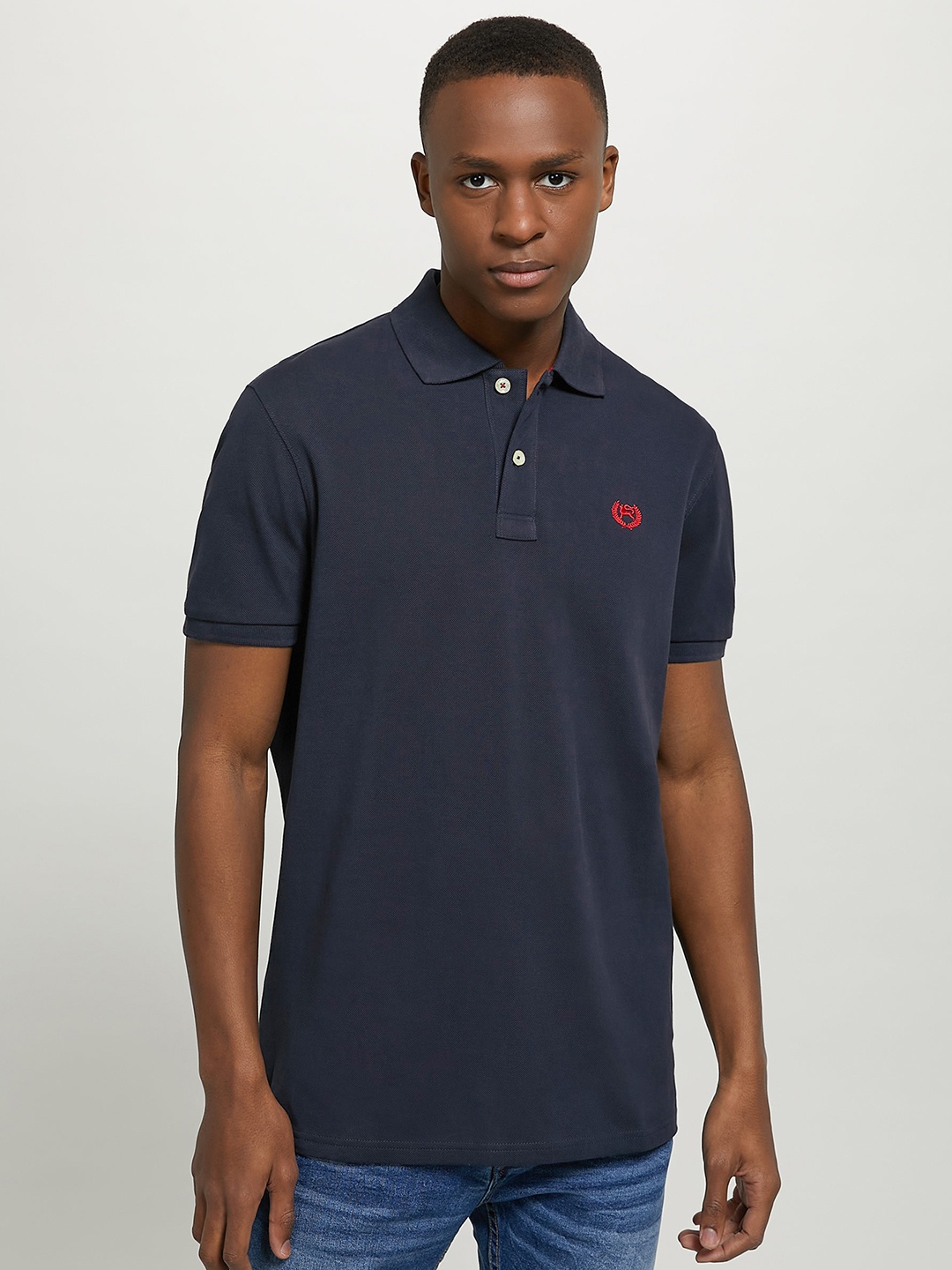

ALCOTT Men Custom Fit Polo Collar Pure Cotton T-shirt, Navy blue