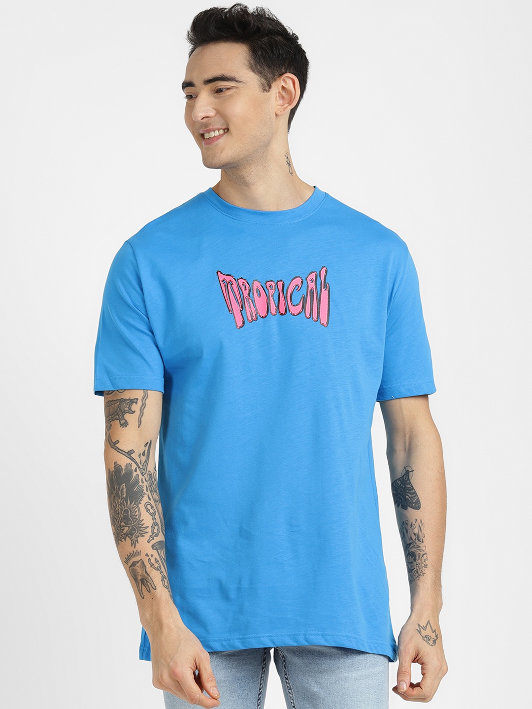 

ALCOTT Men Relaxed Fit Typography Printed Pure Cotton T-shirt, Blue
