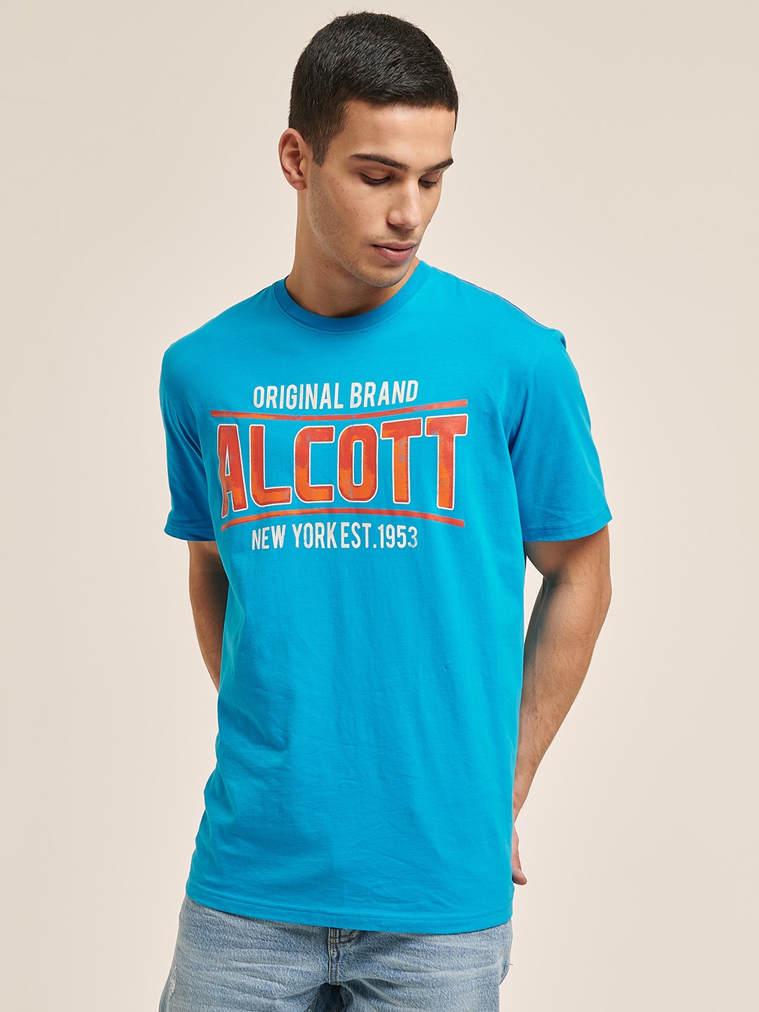 ALCOTT Men Relaxed Fit Brand Logo Printed Pure Cotton T-shirt, Blue
